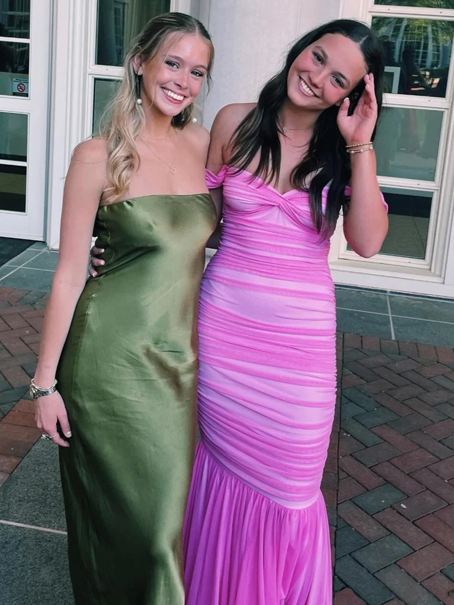 Off Shoulder Pink Ruched Long Prom Dress with Ruffle Hem
