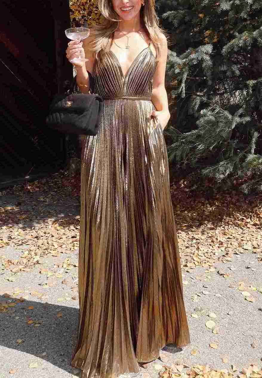 Gold A-Line Spaghetti Straps V-Neck Metallic Long Prom Dress
