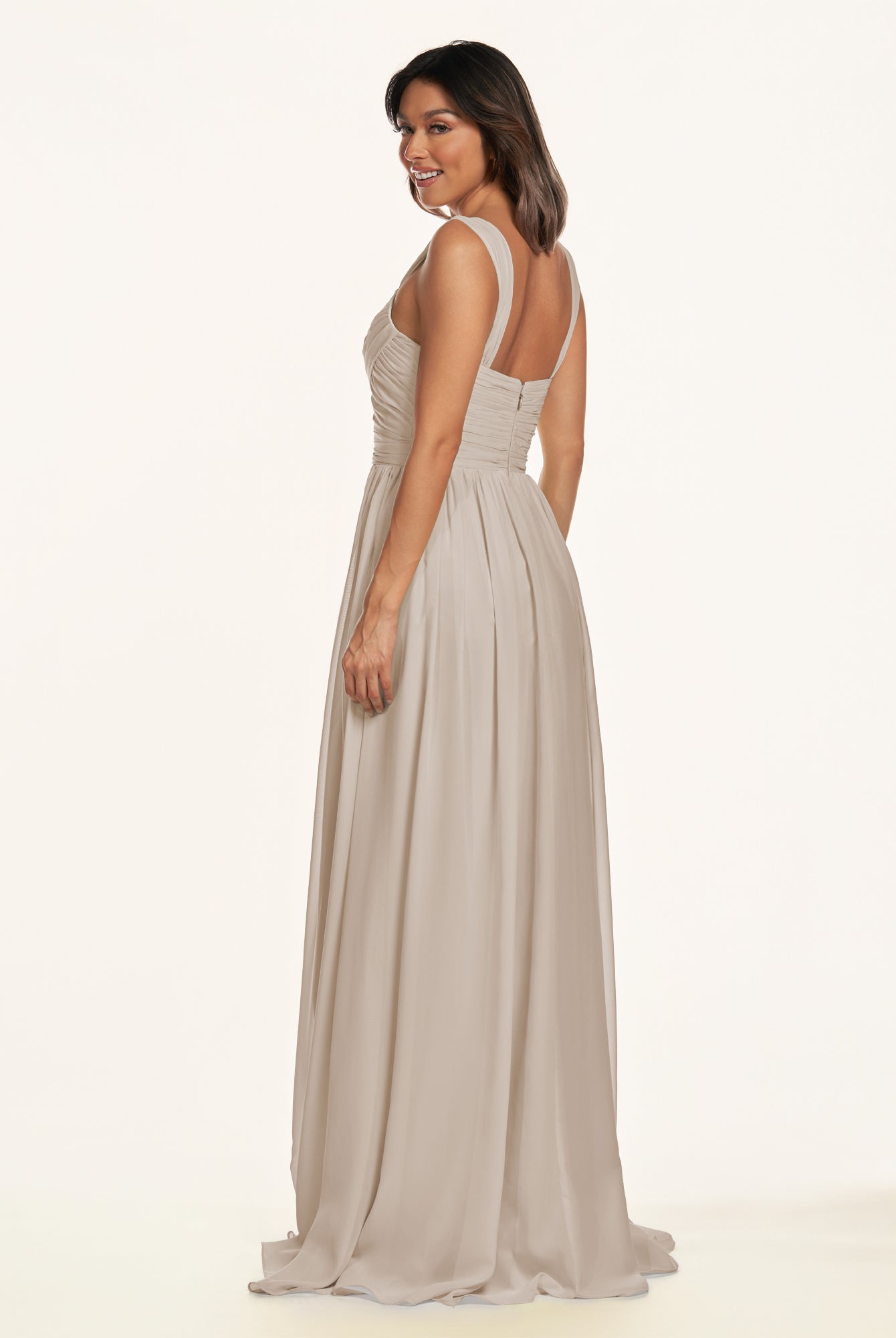 KissDress-Lia Almond A Line Chiffon Off the Shoulder Long Bridesmaid Dress with Pleats