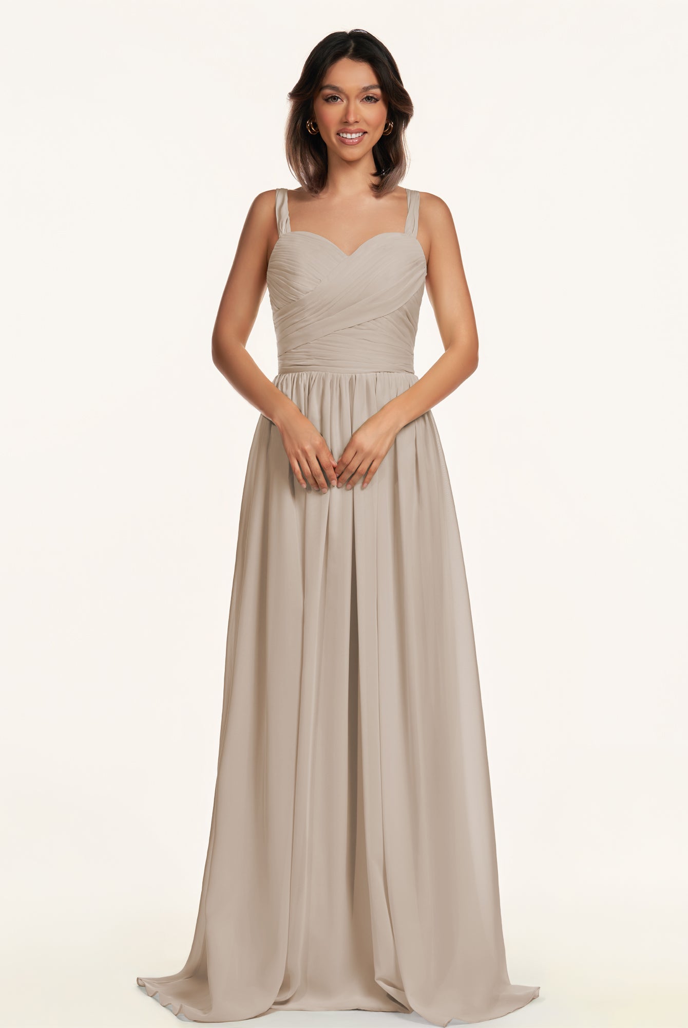 KissDress-Lia Almond A Line Chiffon Off the Shoulder Long Bridesmaid Dress with Pleats