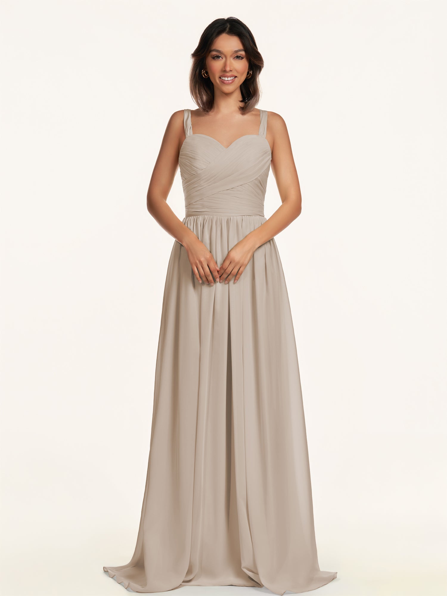 KissDress-Lia Almond A Line Chiffon Off the Shoulder Long Bridesmaid Dress with Pleats