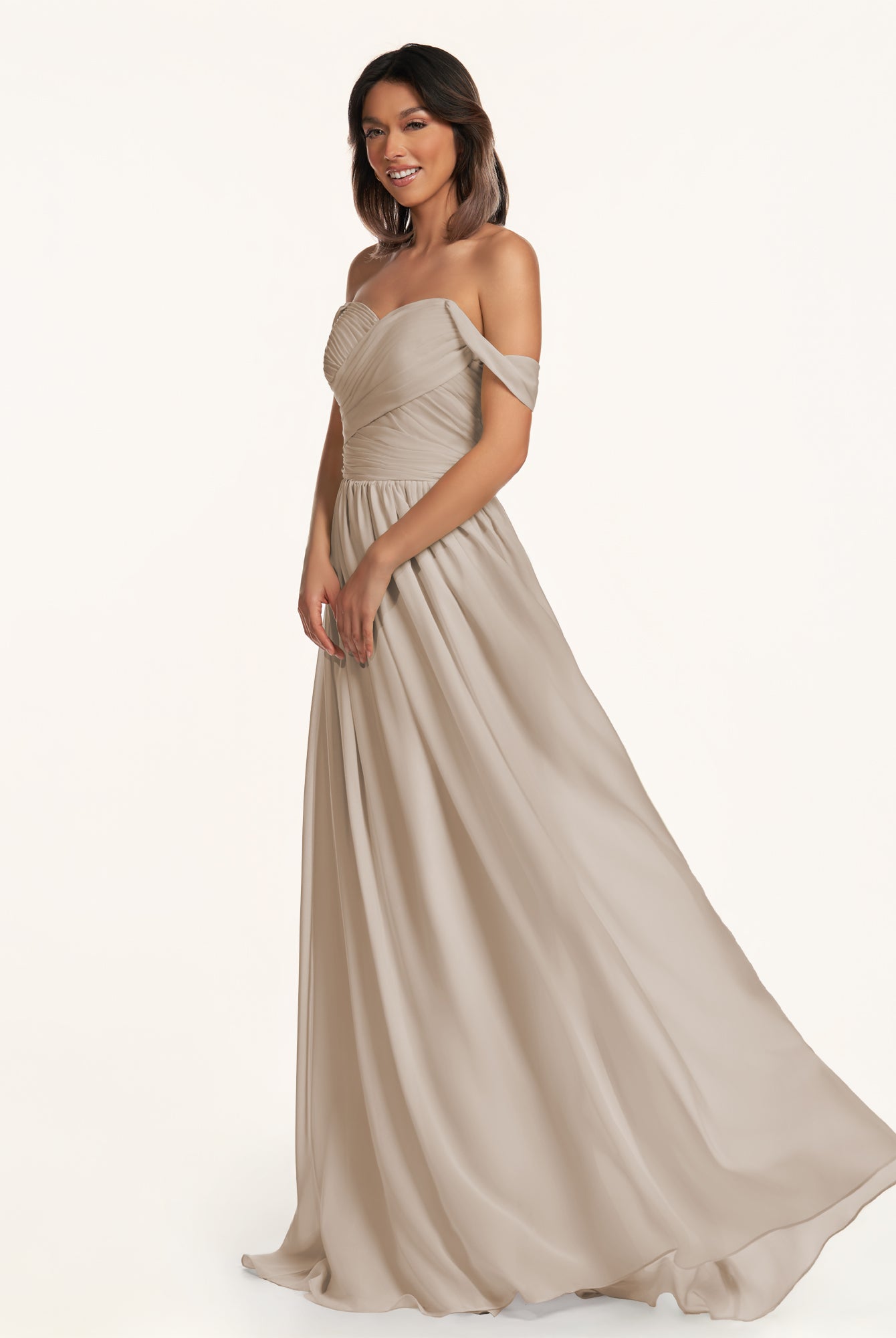 KissDress-Lia Almond A Line Chiffon Off the Shoulder Long Bridesmaid Dress with Pleats