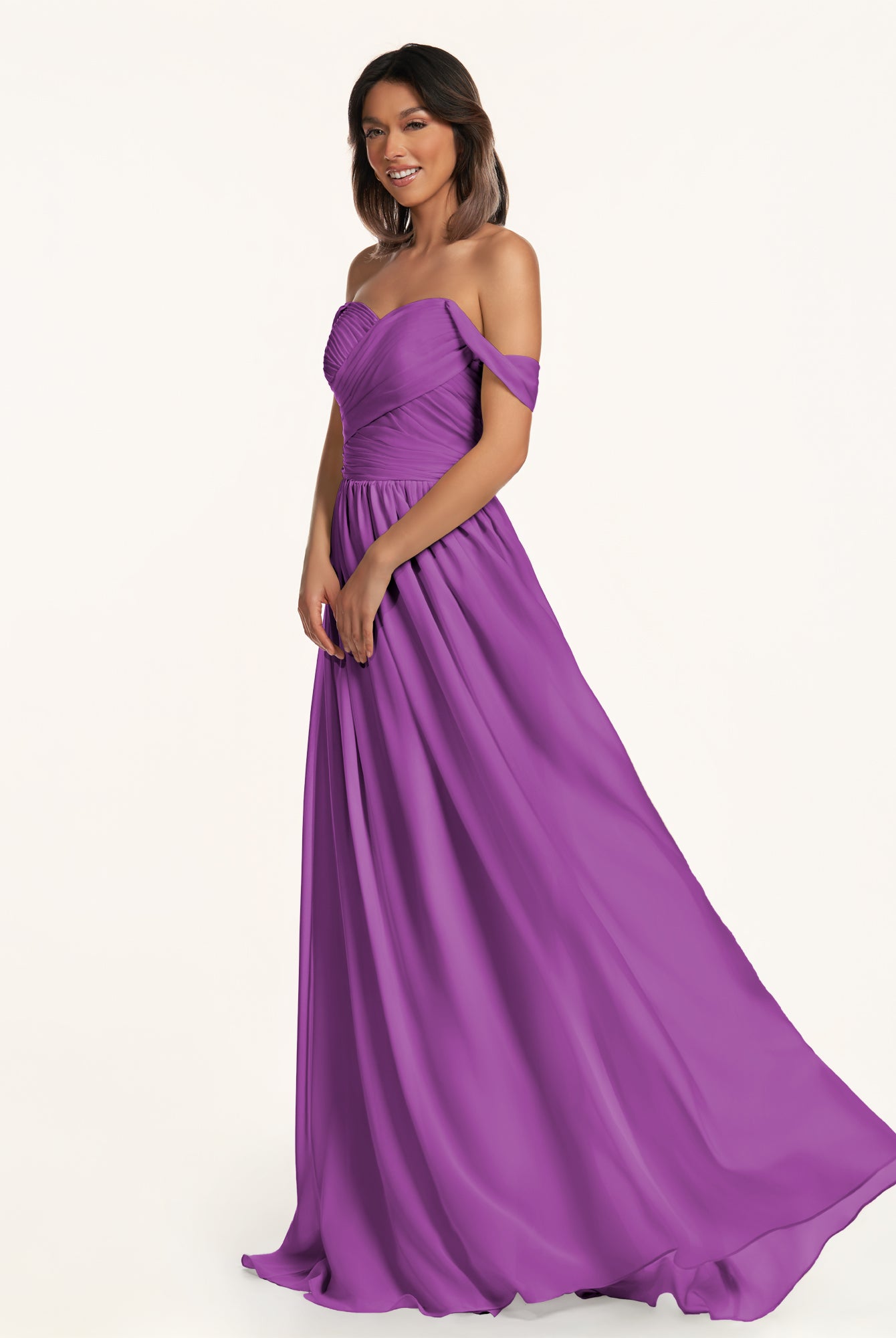 KissDress-Lia Amethyst A Line Chiffon Off the Shoulder Long Bridesmaid Dress with Pleats
