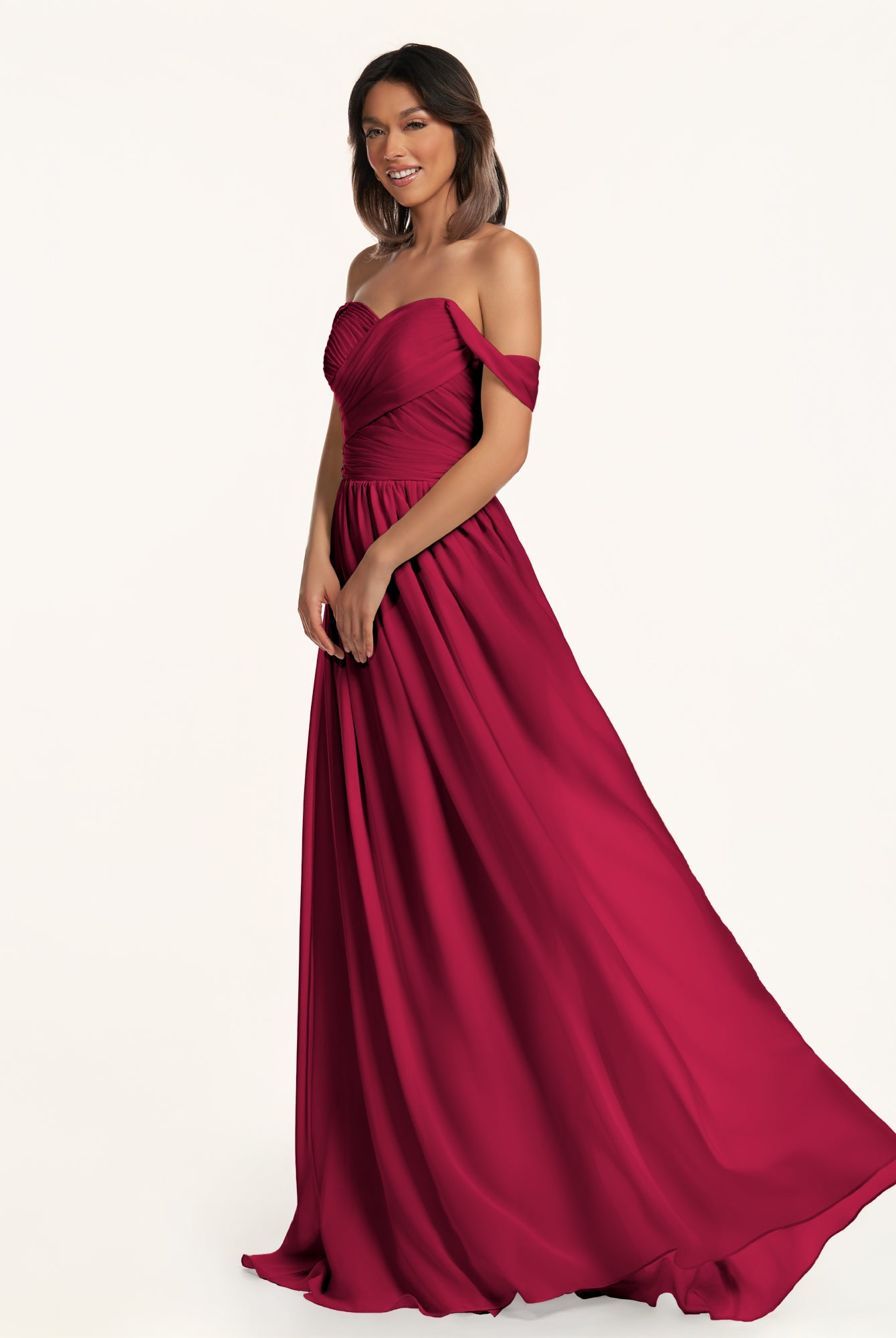 KissDress-Lia Berry A Line Chiffon Off the Shoulder Long Bridesmaid Dress with Pleats