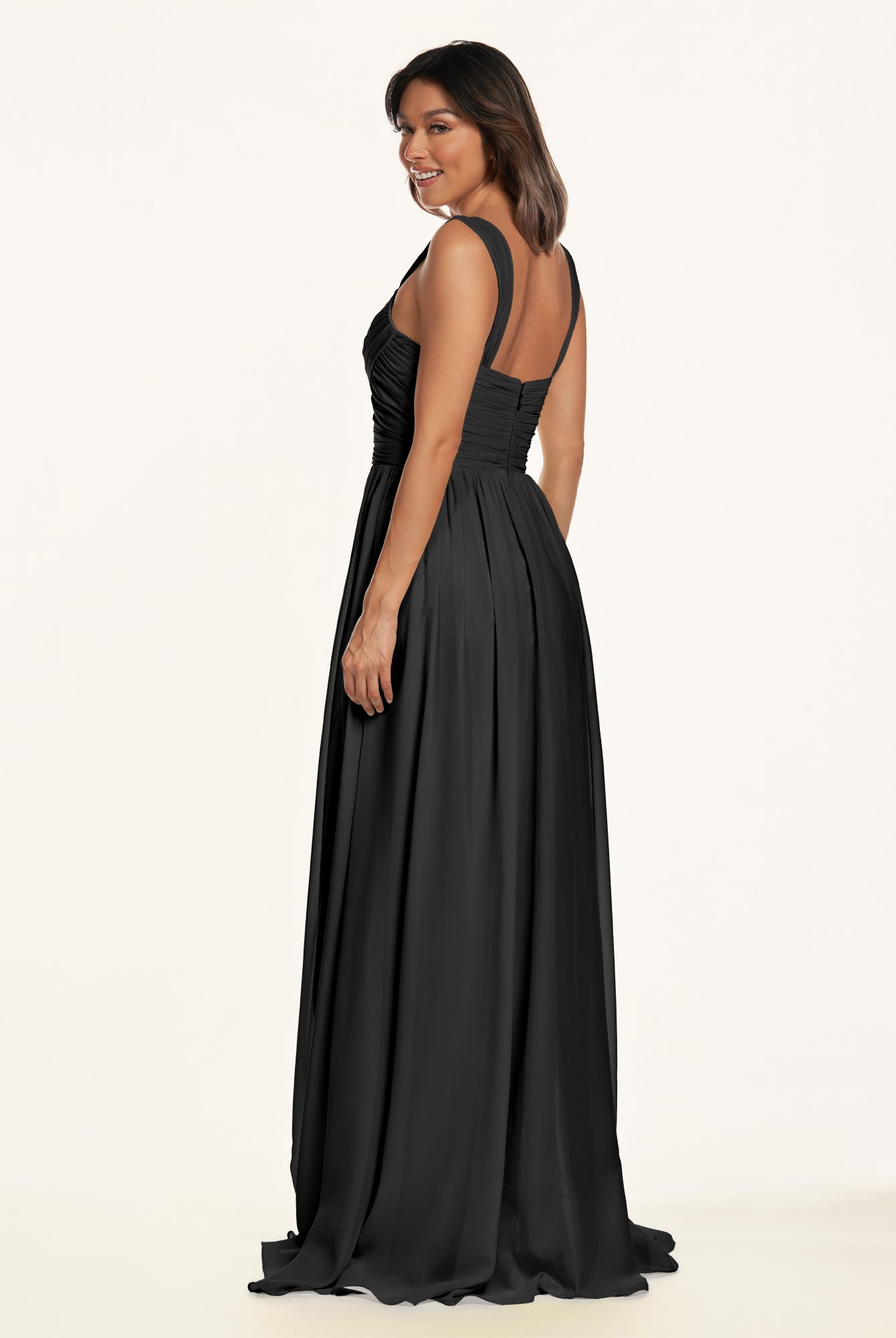 KissDress-Lia Black A Line Chiffon Off the Shoulder Long Bridesmaid Dress with Pleats
