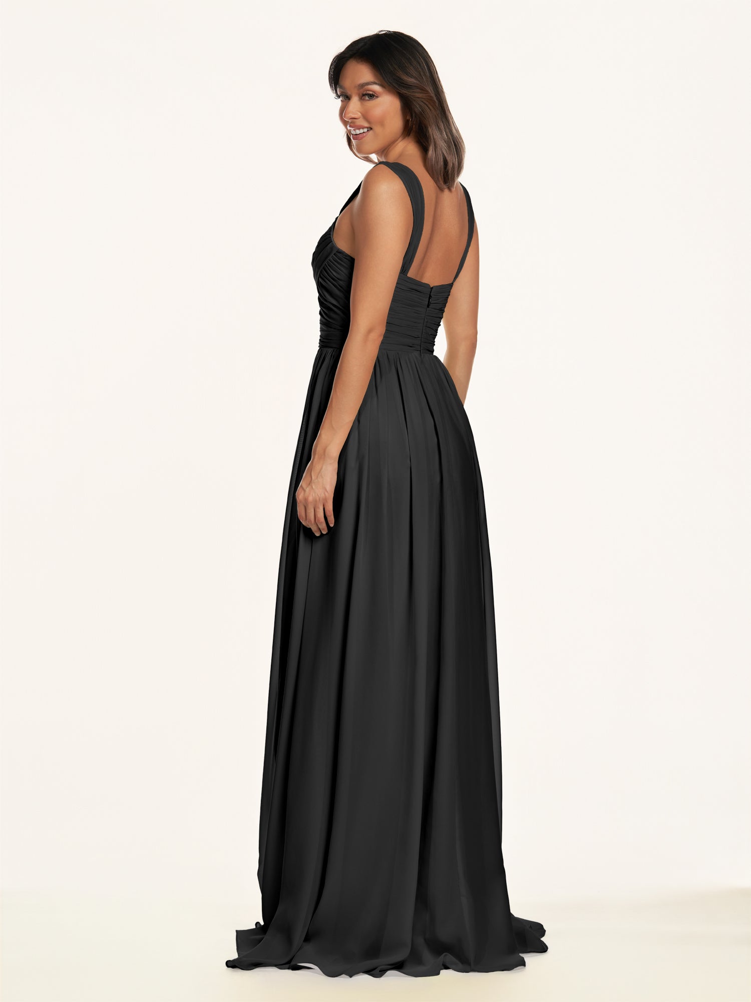 KissDress-Lia Black A Line Chiffon Off the Shoulder Long Bridesmaid Dress with Pleats