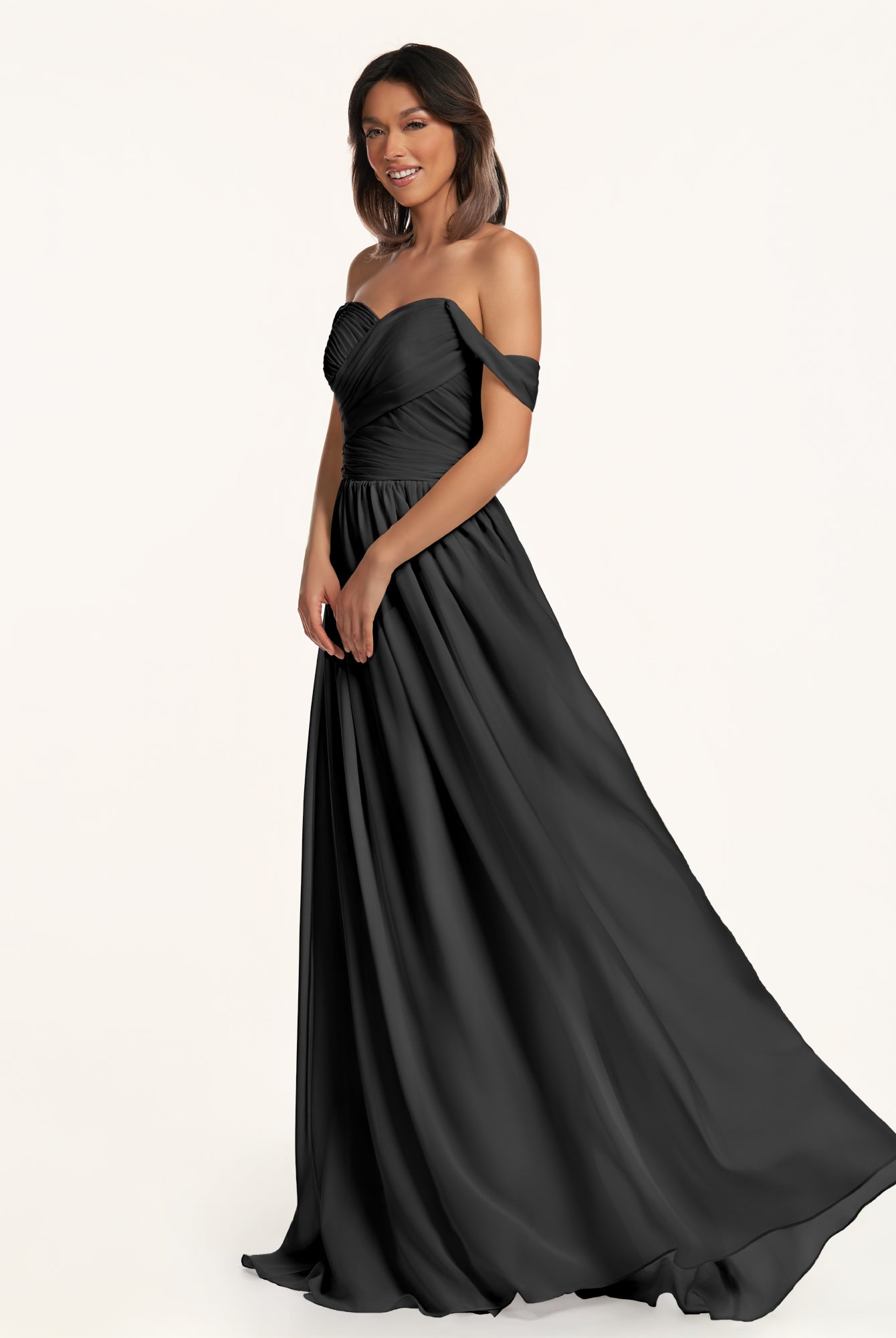 KissDress-Lia Black A Line Chiffon Off the Shoulder Long Bridesmaid Dress with Pleats