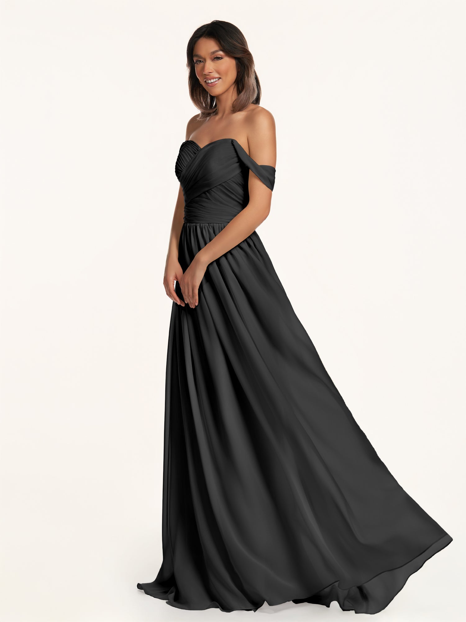 KissDress-Lia Black A Line Chiffon Off the Shoulder Long Bridesmaid Dress with Pleats