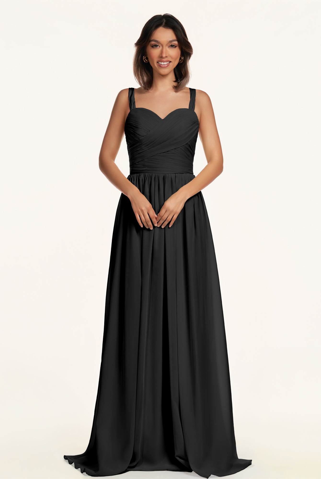 KissDress-Lia Black A Line Chiffon Off the Shoulder Long Bridesmaid Dress with Pleats