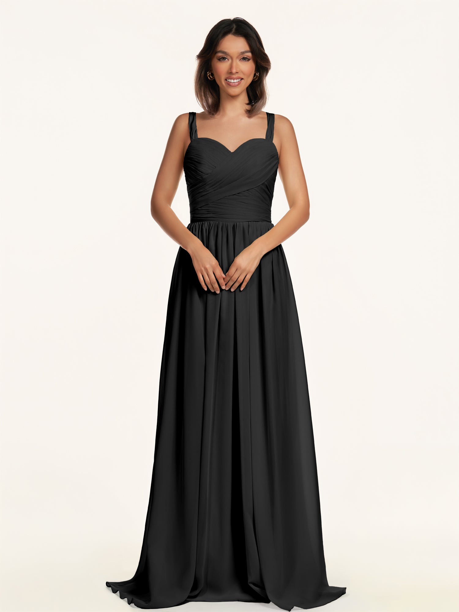 KissDress-Lia Black A Line Chiffon Off the Shoulder Long Bridesmaid Dress with Pleats