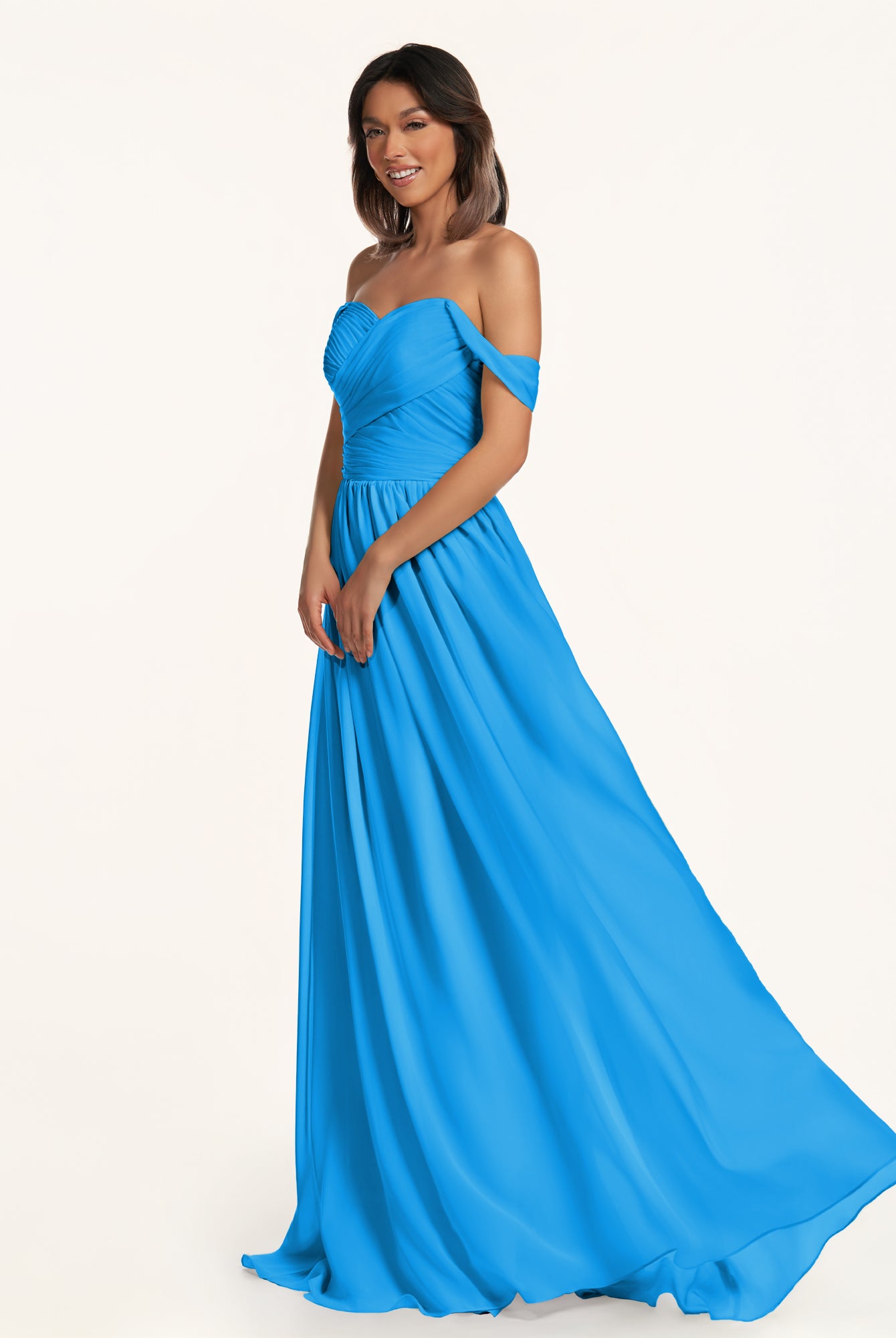 KissDress-Lia Blue Jay A Line Chiffon Off the Shoulder Long Bridesmaid Dress with Pleats