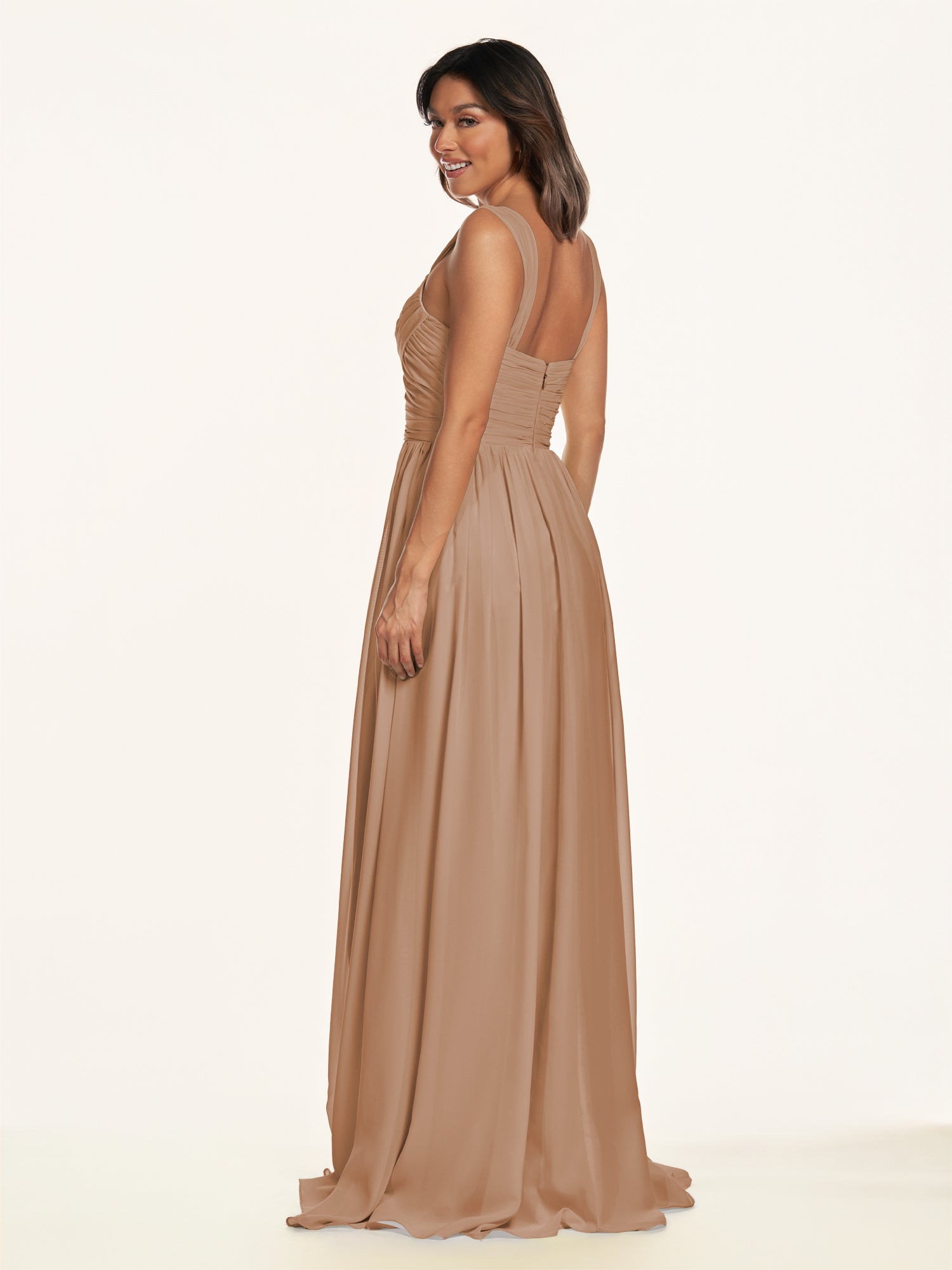 KissDress-Lia Bronzer A Line Chiffon Off the Shoulder Long Bridesmaid Dress with Pleats