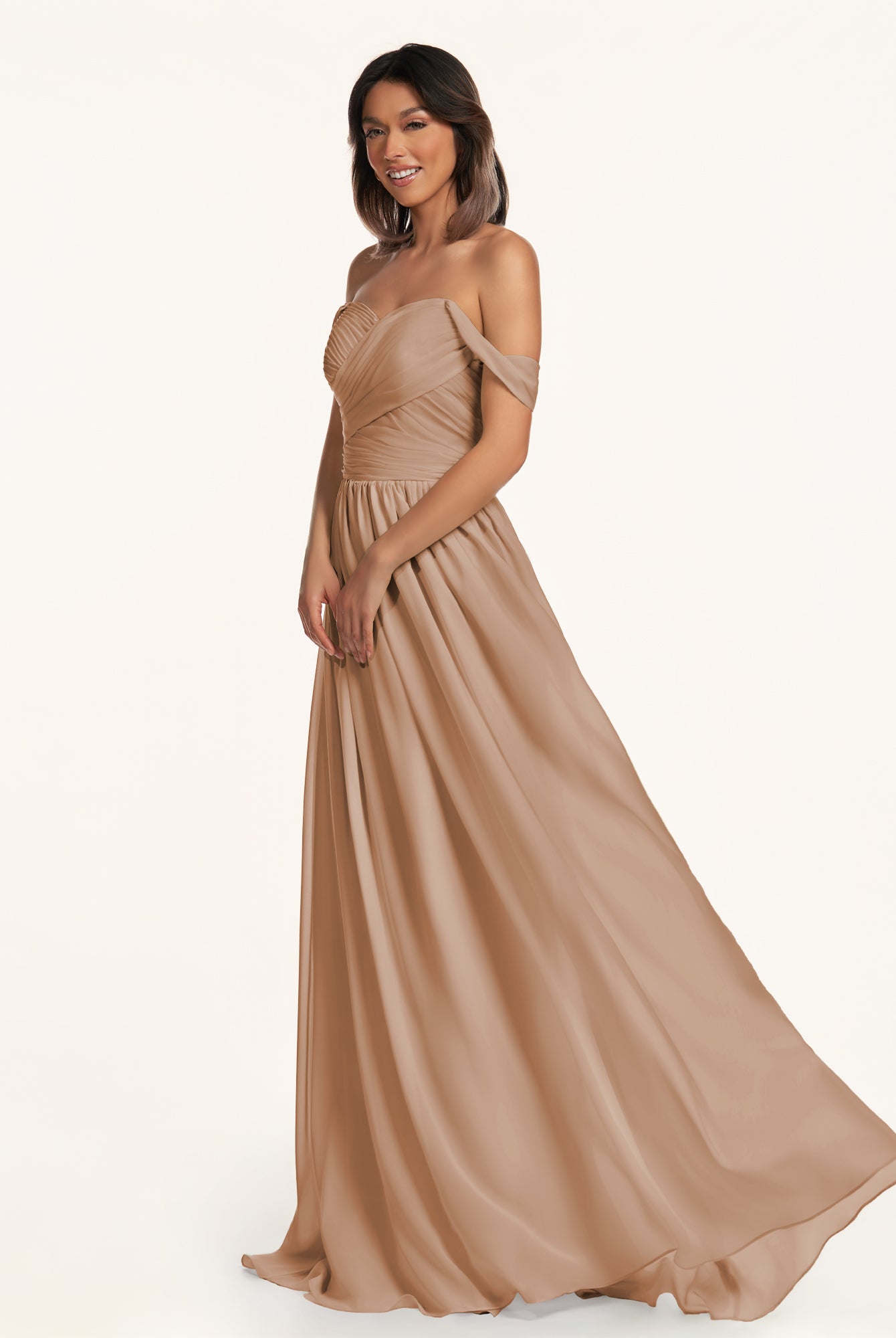 KissDress-Lia Bronzer A Line Chiffon Off the Shoulder Long Bridesmaid Dress with Pleats