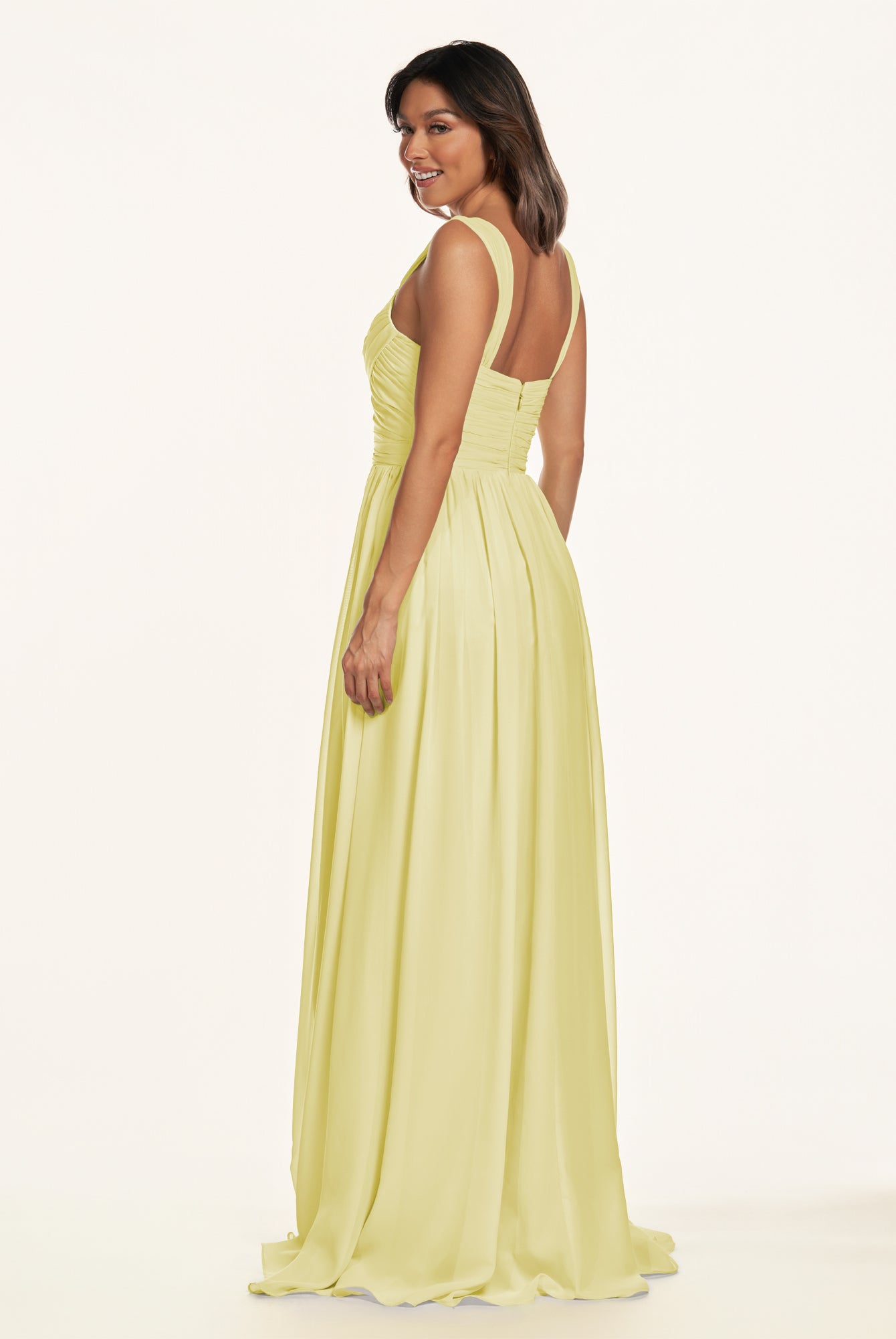 KissDress-Lia Buttercup A Line Chiffon Off the Shoulder Long Bridesmaid Dress with Pleats
