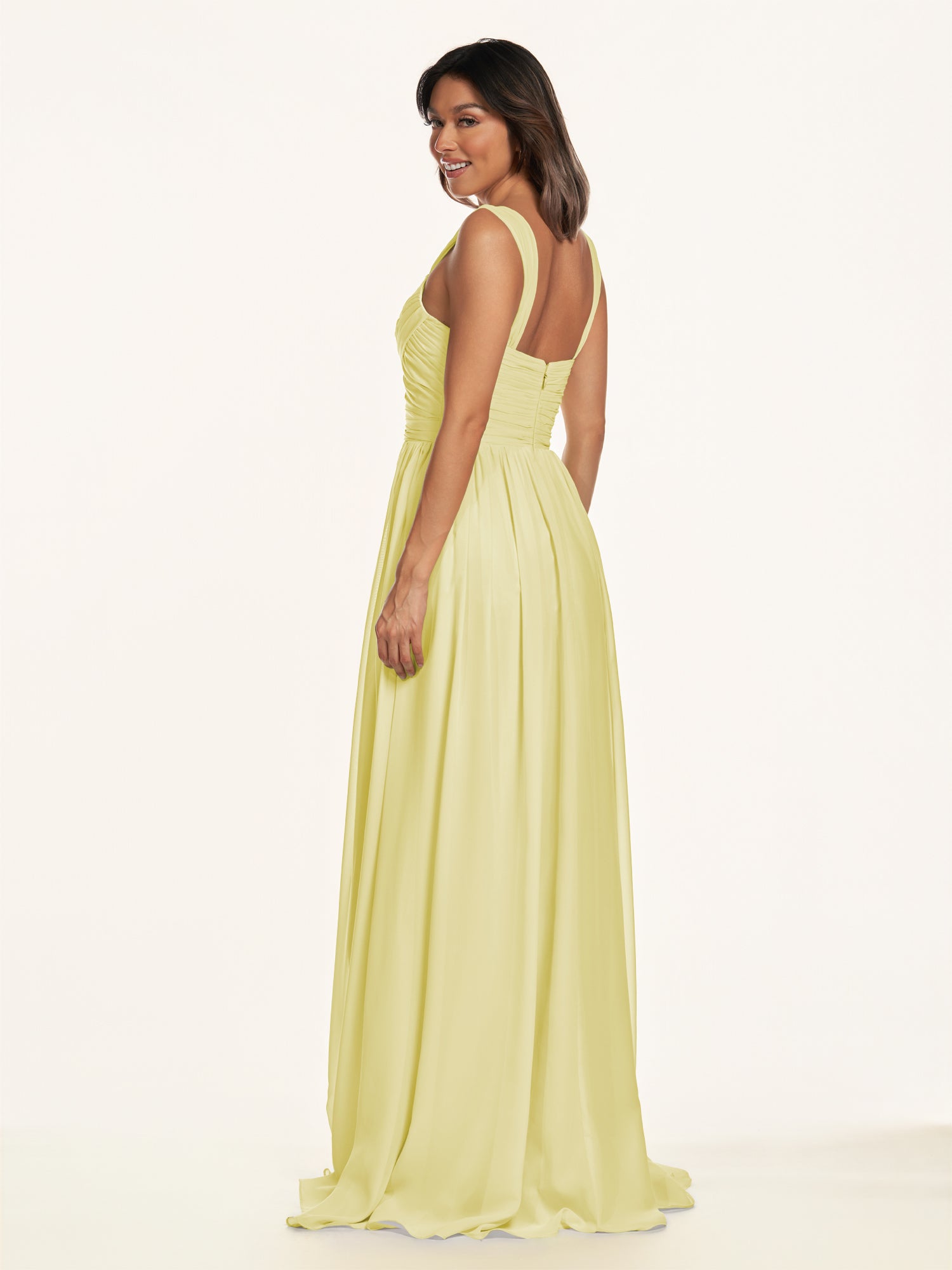 KissDress-Lia Buttercup A Line Chiffon Off the Shoulder Long Bridesmaid Dress with Pleats