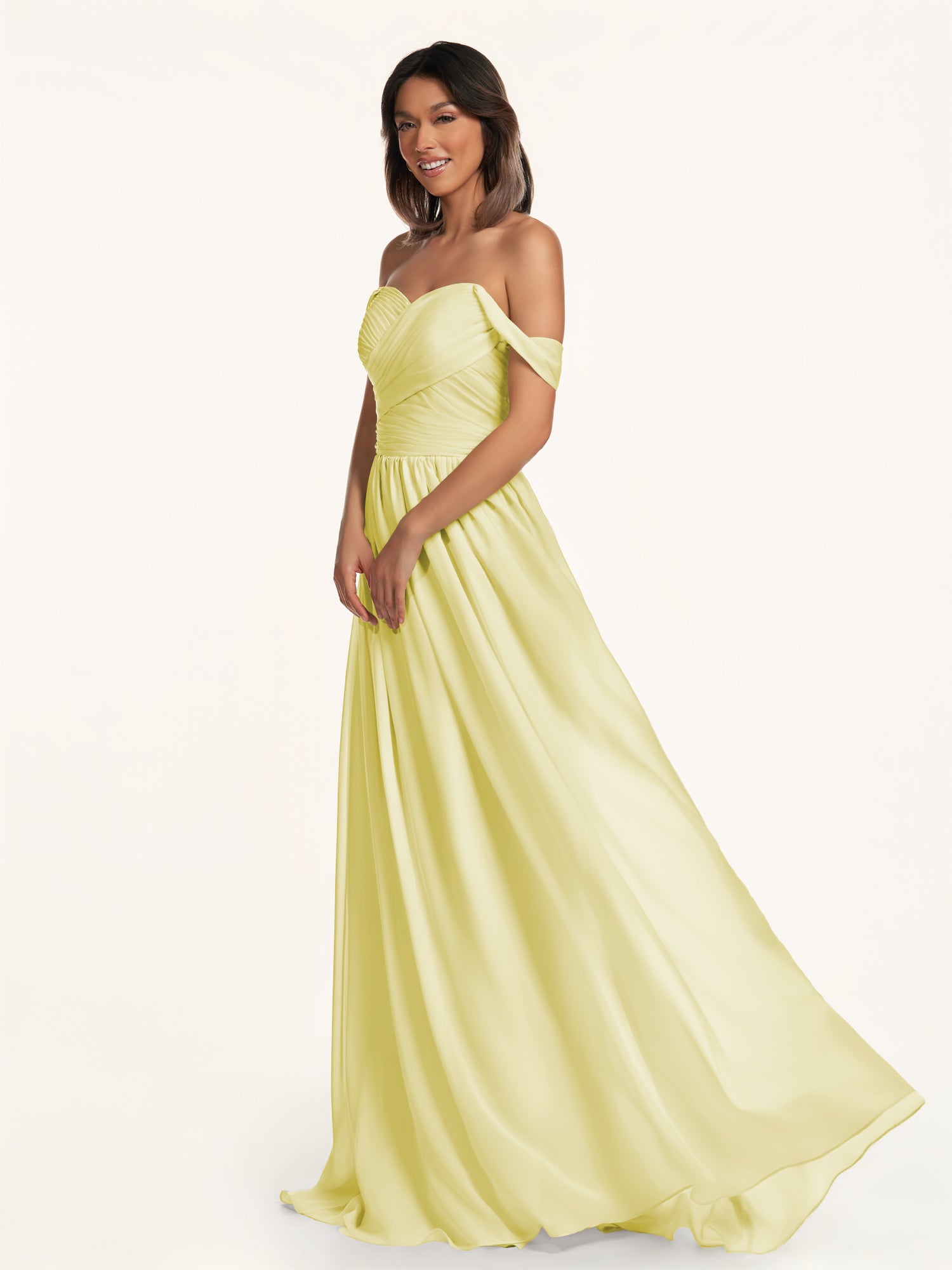 KissDress-Lia Buttercup A Line Chiffon Off the Shoulder Long Bridesmaid Dress with Pleats