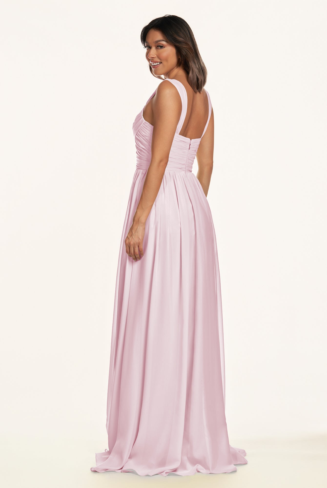 KissDress-Lia Candy Pink A Line Chiffon Off the Shoulder Long Bridesmaid Dress with Pleats