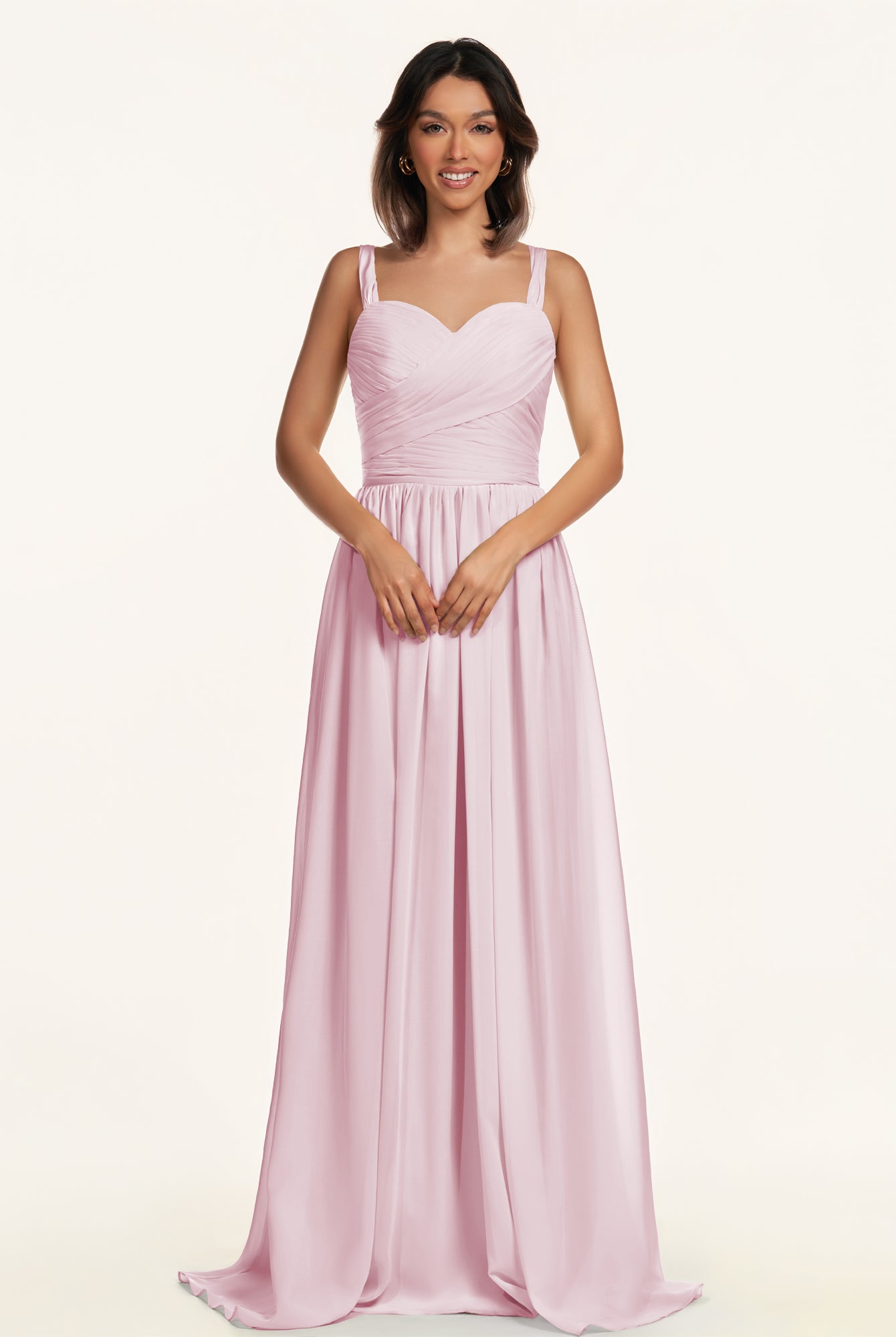 KissDress-Lia Candy Pink A Line Chiffon Off the Shoulder Long Bridesmaid Dress with Pleats