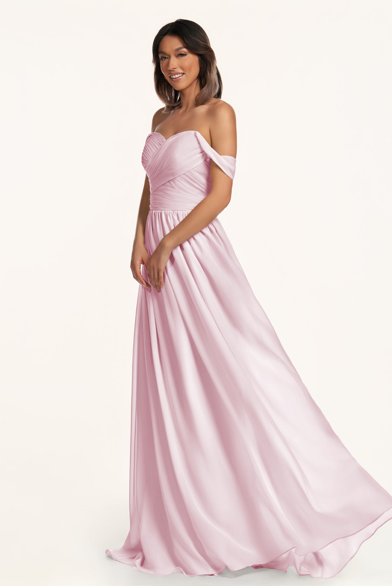 KissDress-Lia Candy Pink A Line Chiffon Off the Shoulder Long Bridesmaid Dress with Pleats