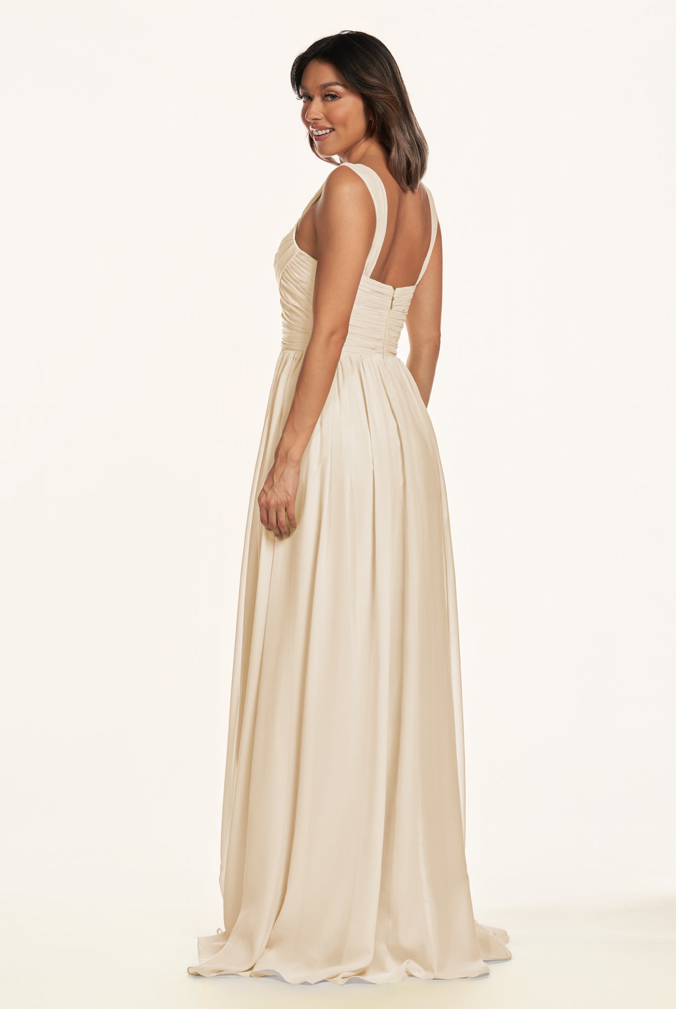 KissDress-Lia Champagne A Line Chiffon Off the Shoulder Long Bridesmaid Dress with Pleats