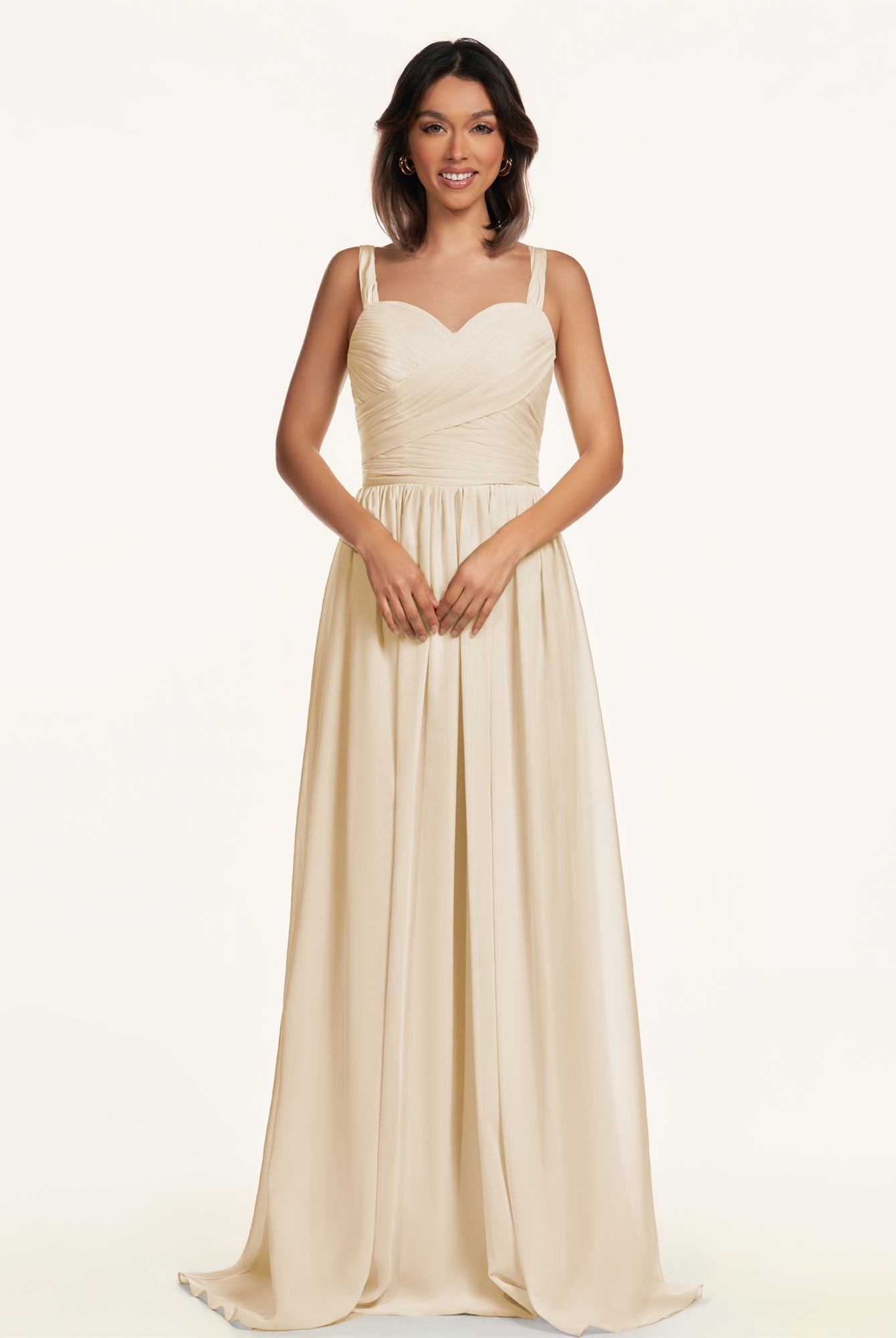 KissDress-Lia Champagne A Line Chiffon Off the Shoulder Long Bridesmaid Dress with Pleats