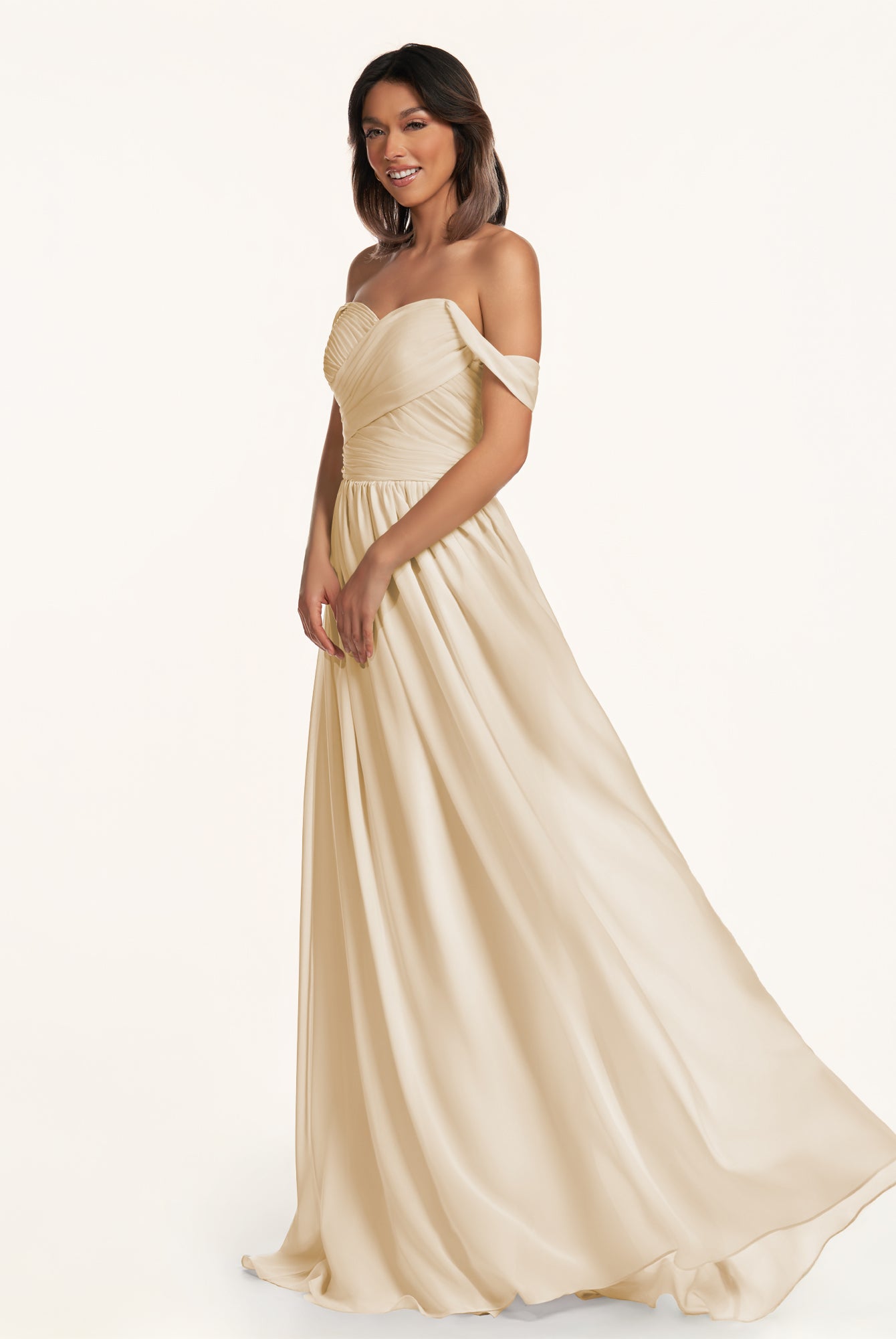 KissDress-Lia Champagne A Line Chiffon Off the Shoulder Long Bridesmaid Dress with Pleats