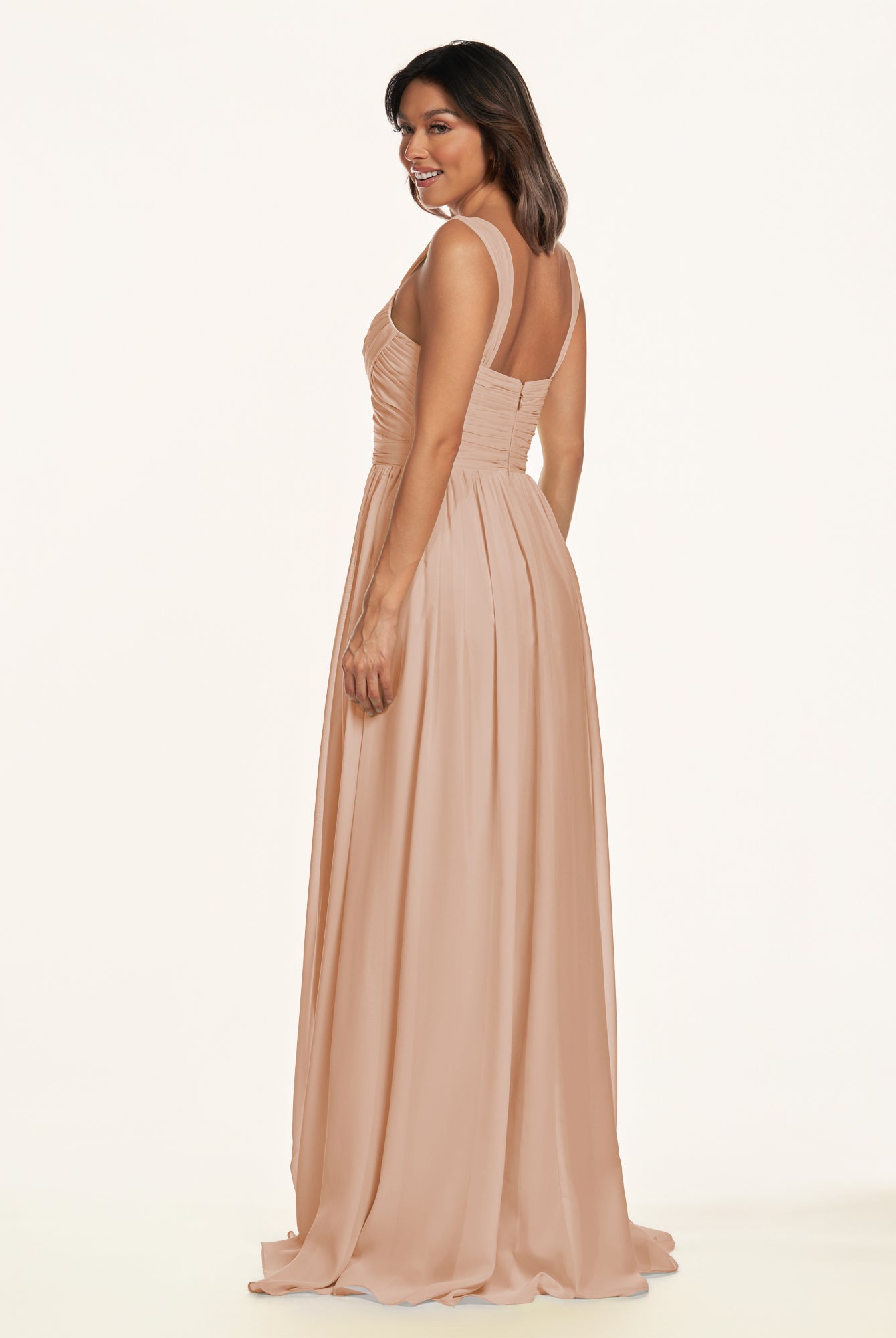 KissDress-Lia Champagne Rose A Line Chiffon Off the Shoulder Long Bridesmaid Dress with Pleats