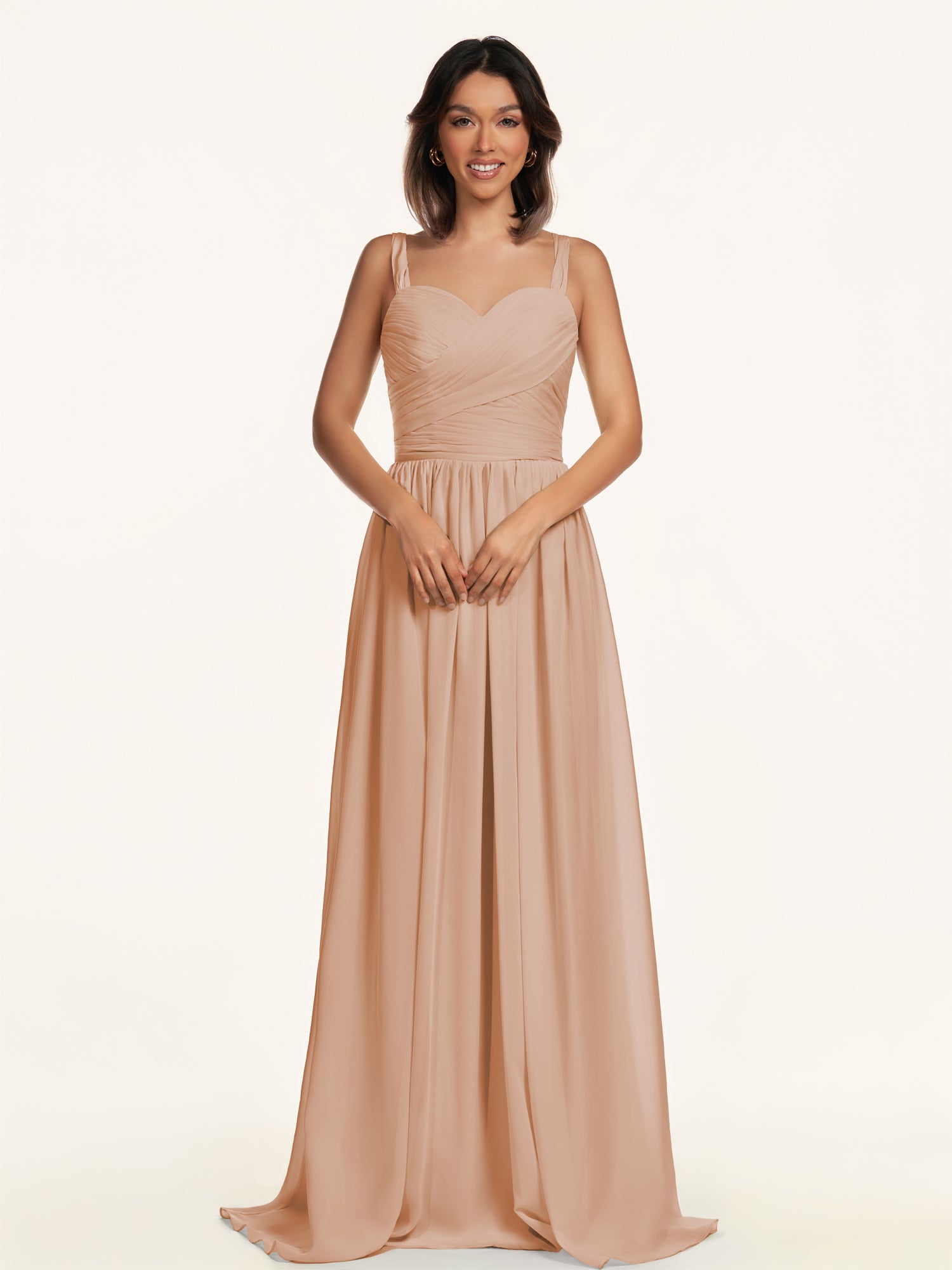 KissDress-Lia Champagne Rose A Line Chiffon Off the Shoulder Long Bridesmaid Dress with Pleats