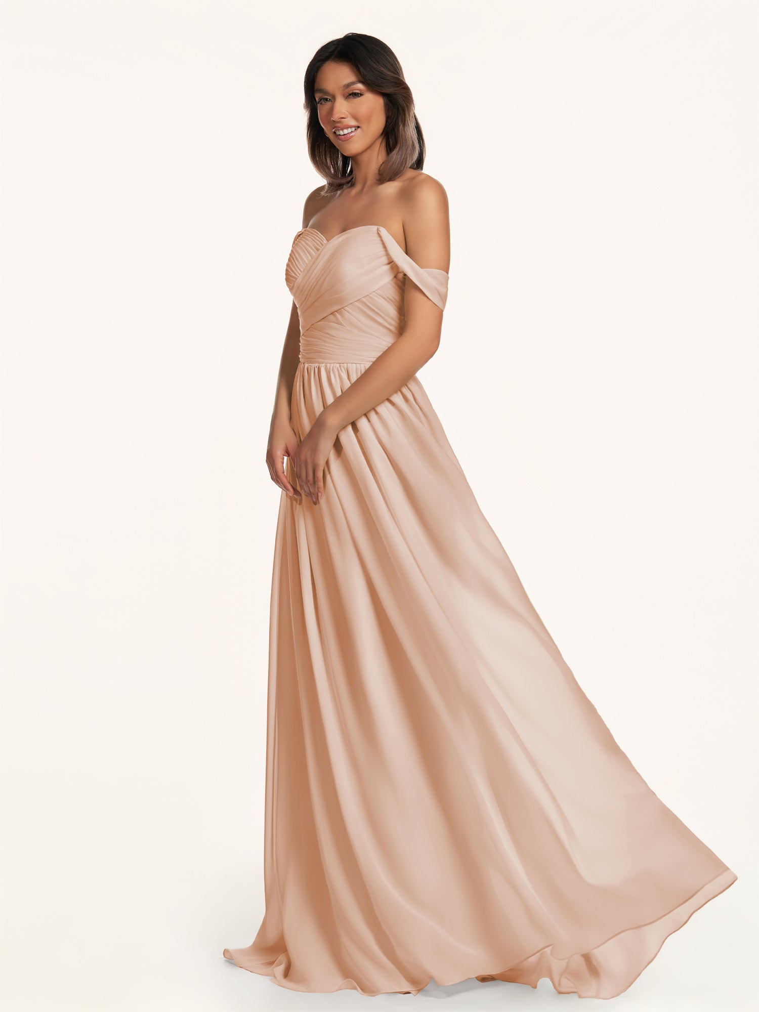 KissDress-Lia Champagne Rose A Line Chiffon Off the Shoulder Long Bridesmaid Dress with Pleats