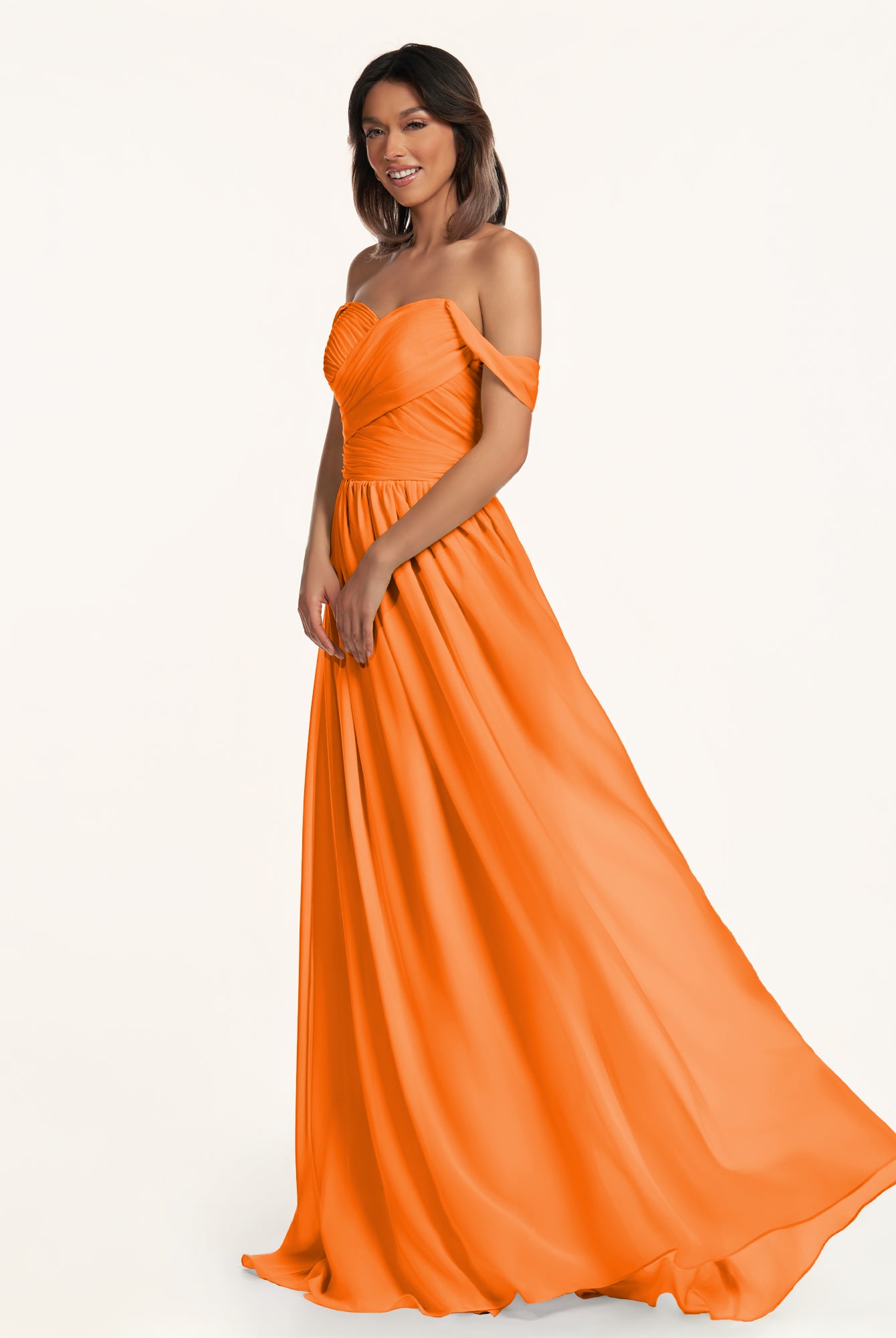 KissDress-Lia Cinnamon A Line Chiffon Off the Shoulder Long Bridesmaid Dress with Pleats