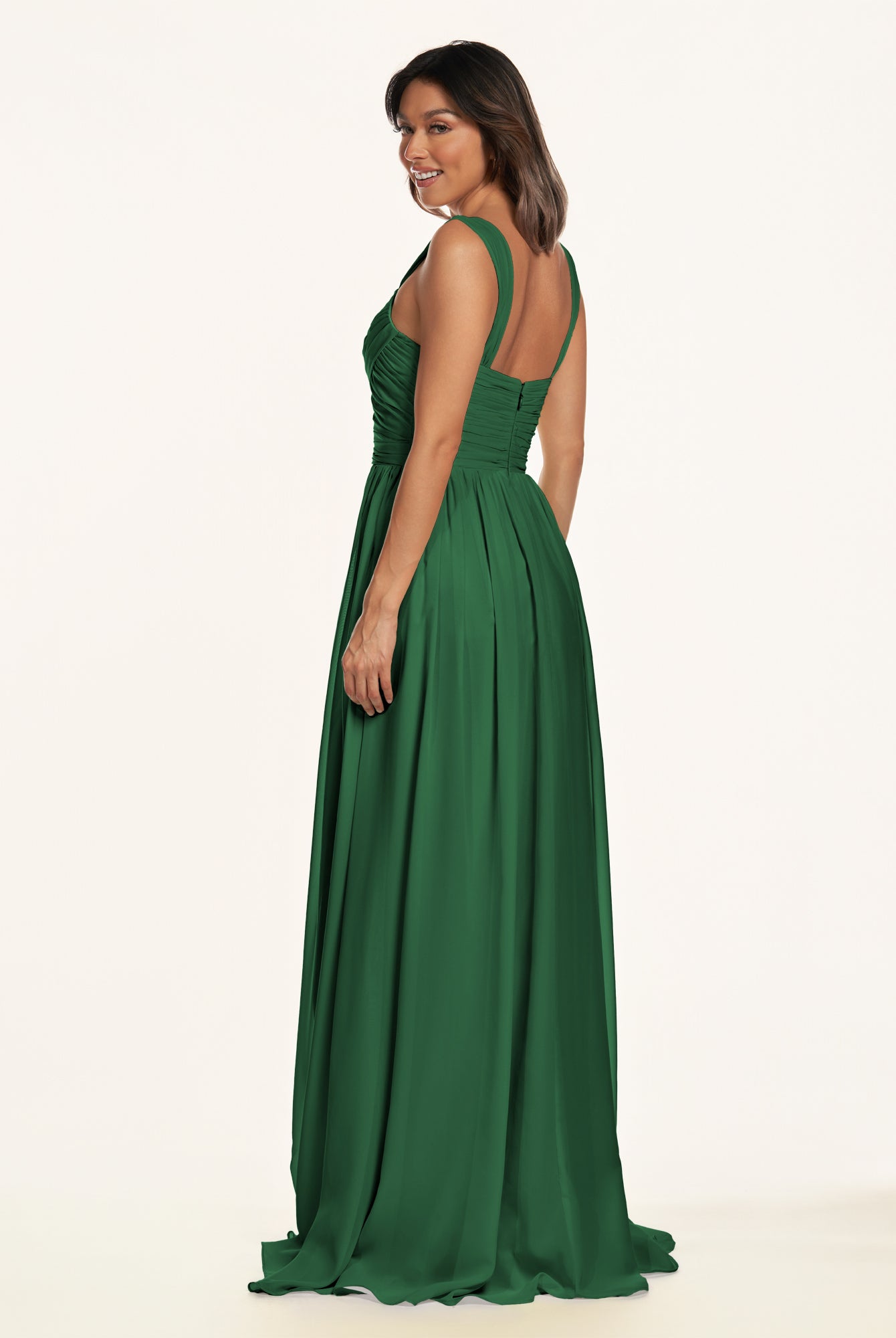 KissDress-Lia Dark Green A Line Chiffon Off the Shoulder Long Bridesmaid Dress with Pleats