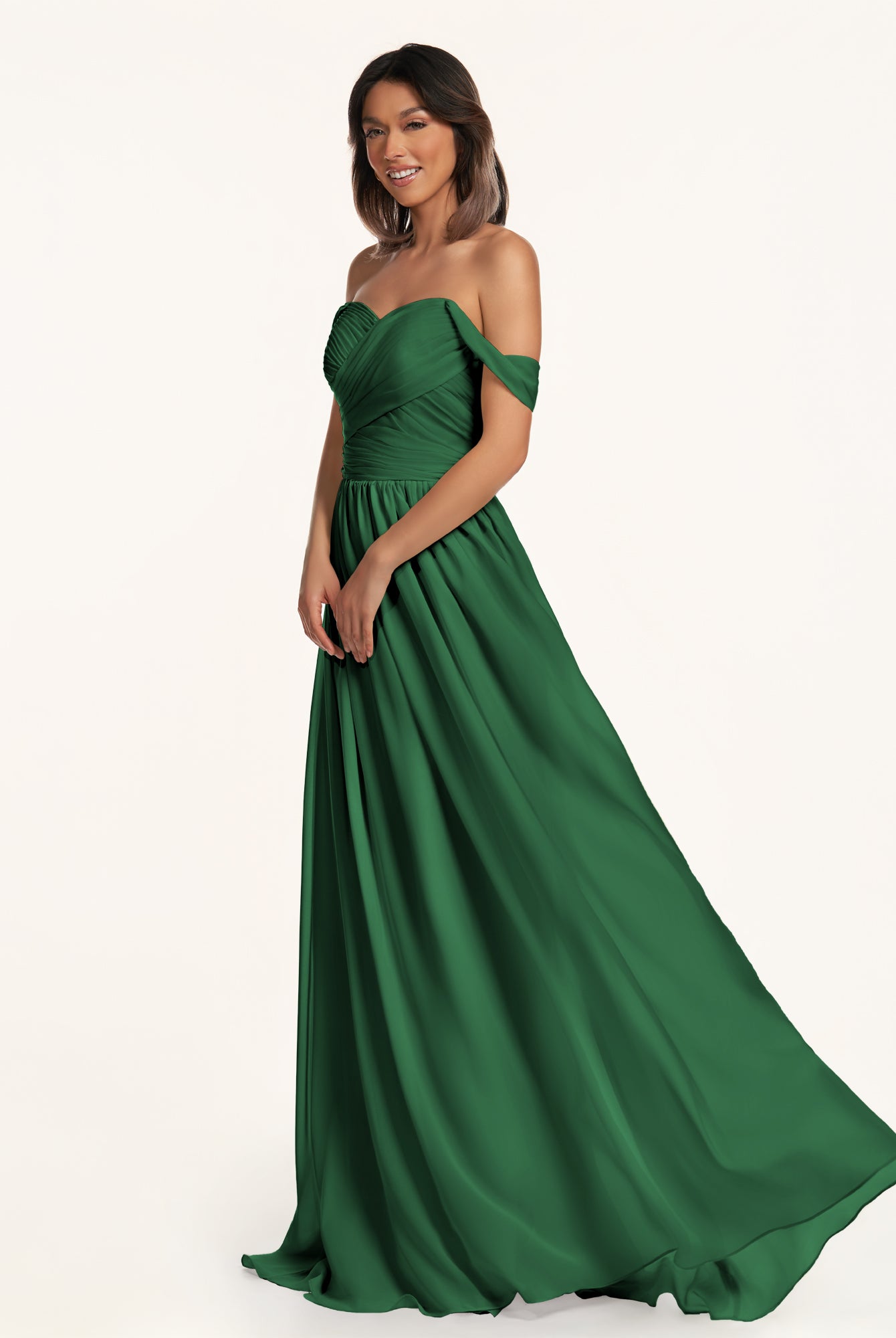 KissDress-Lia Dark Green A Line Chiffon Off the Shoulder Long Bridesmaid Dress with Pleats