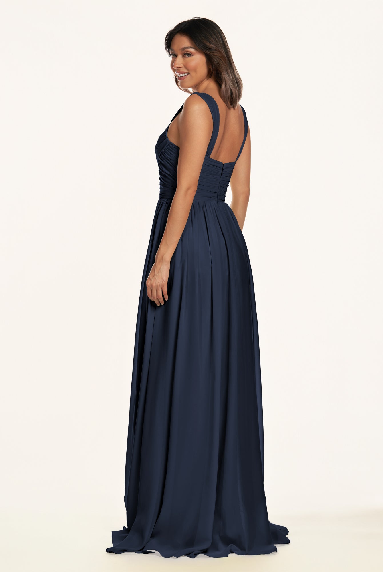 KissDress-Lia Dark Navy A Line Chiffon Off the Shoulder Long Bridesmaid Dress with Pleats