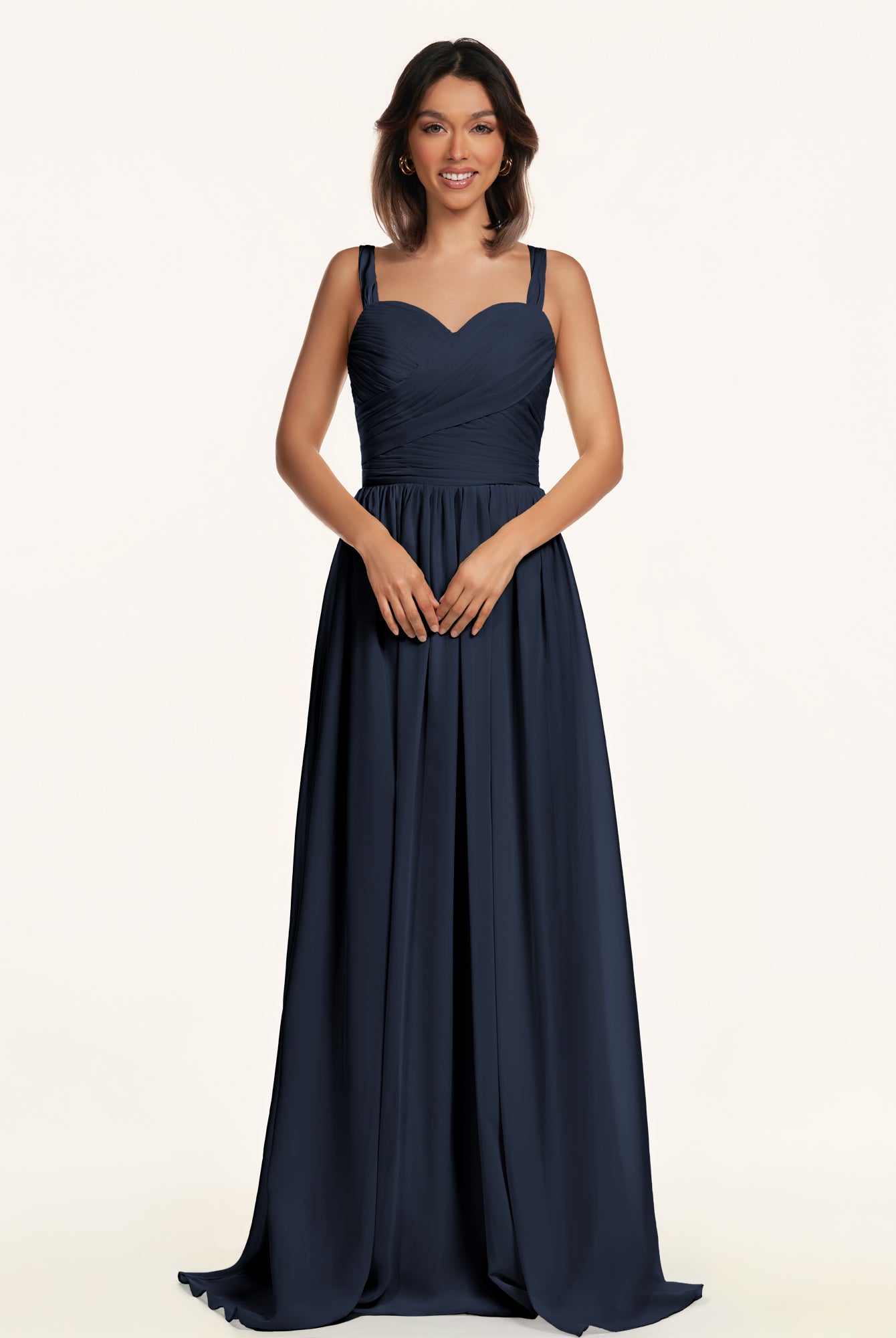 KissDress-Lia Dark Navy A Line Chiffon Off the Shoulder Long Bridesmaid Dress with Pleats
