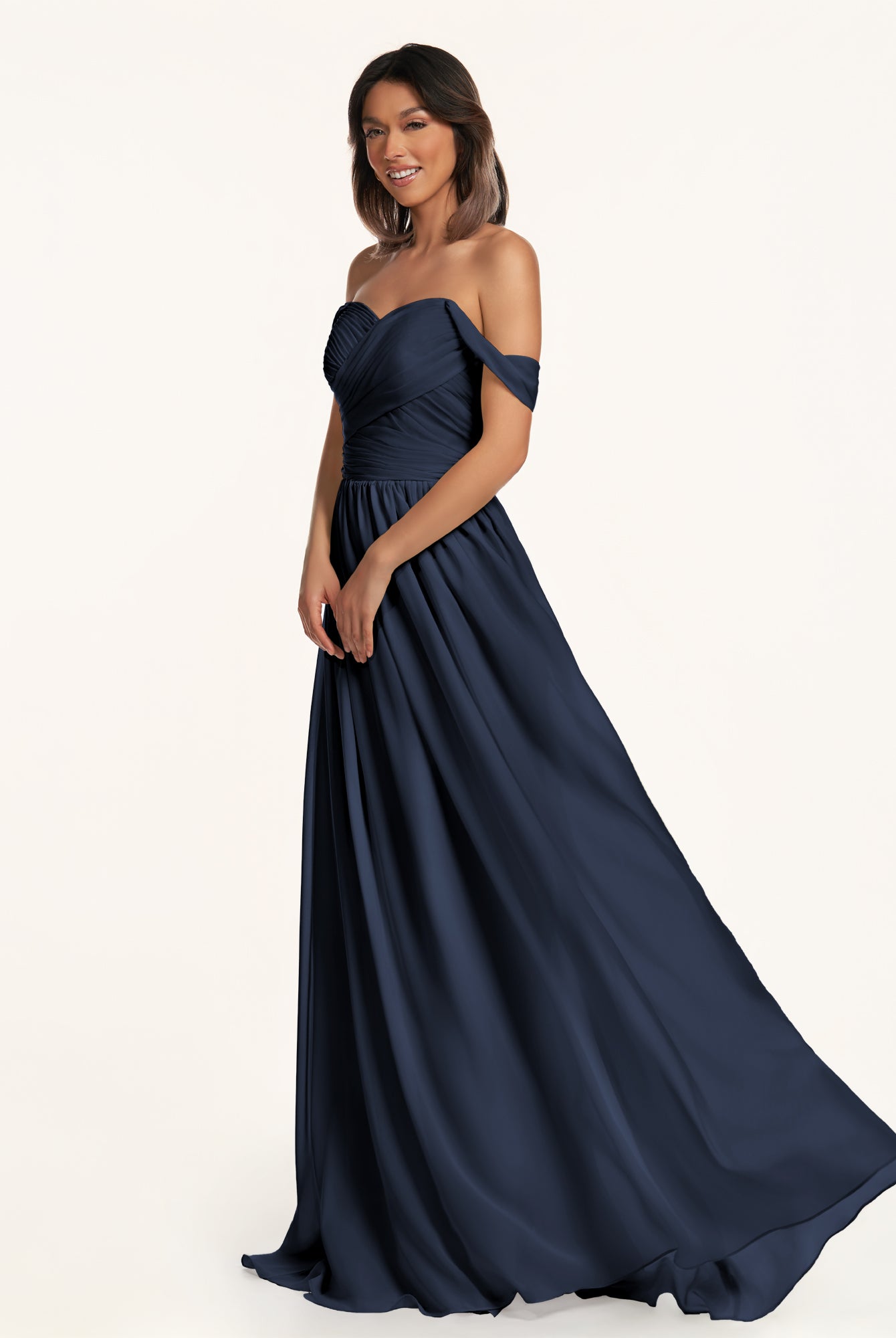 KissDress-Lia Dark Navy A Line Chiffon Off the Shoulder Long Bridesmaid Dress with Pleats
