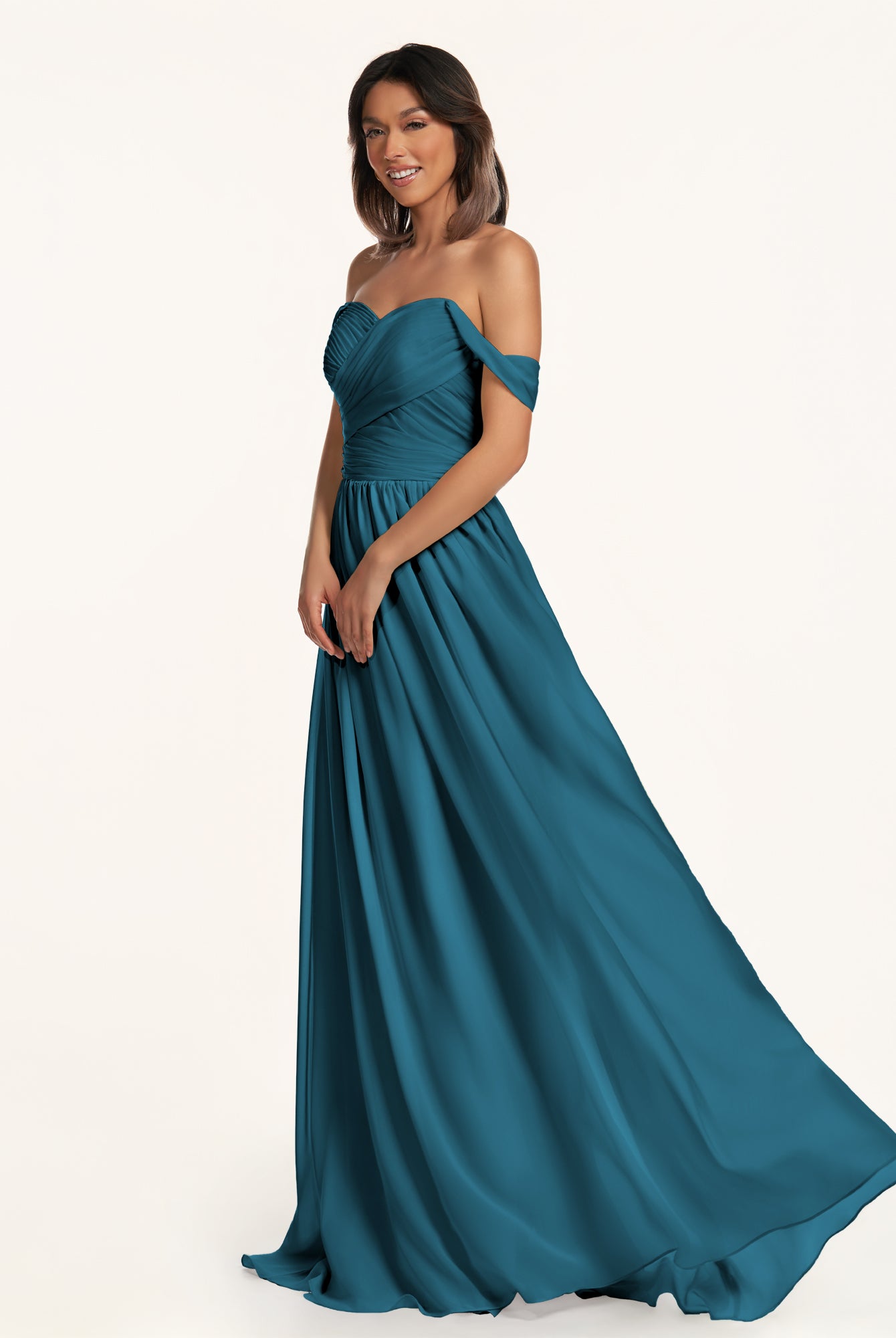 KissDress-Lia Dark Teal A Line Chiffon Off the Shoulder Long Bridesmaid Dress with Pleats