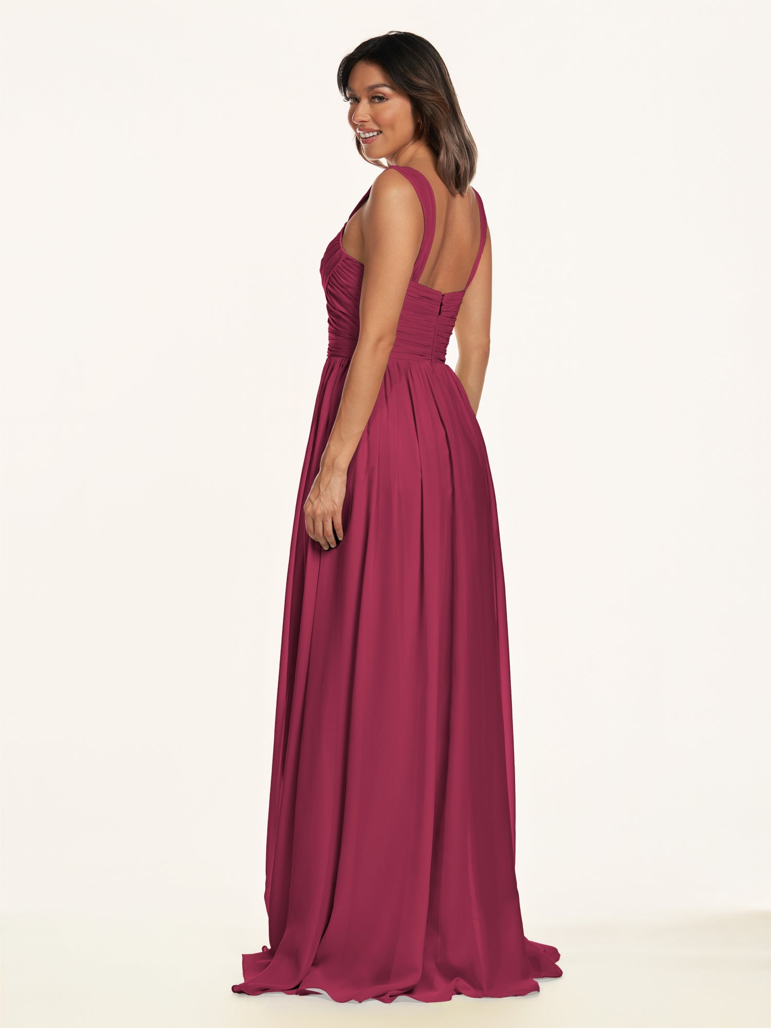 KissDress-Lia Desert Rose A Line Chiffon Off the Shoulder Long Bridesmaid Dress with Pleats