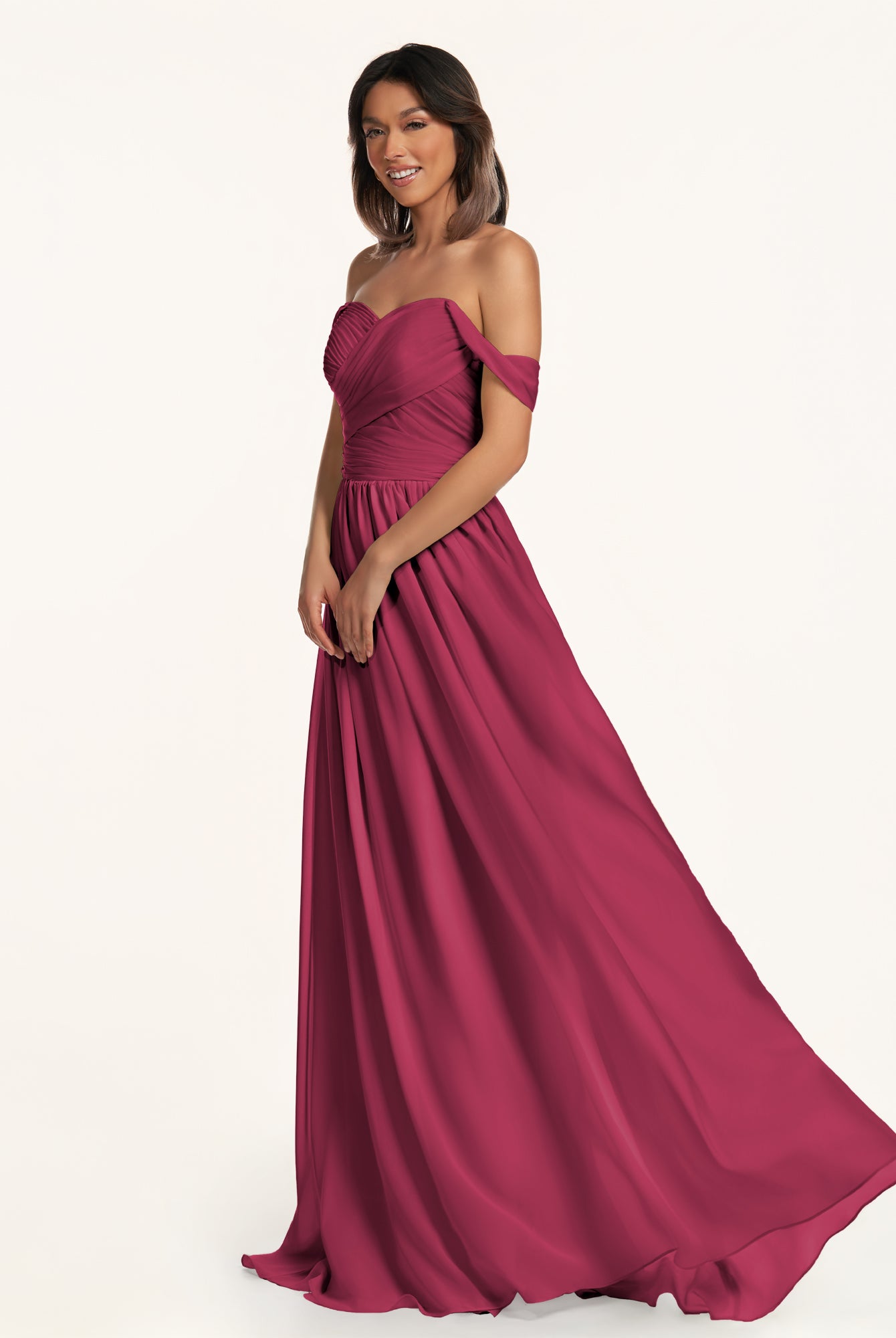 KissDress-Lia Desert Rose A Line Chiffon Off the Shoulder Long Bridesmaid Dress with Pleats