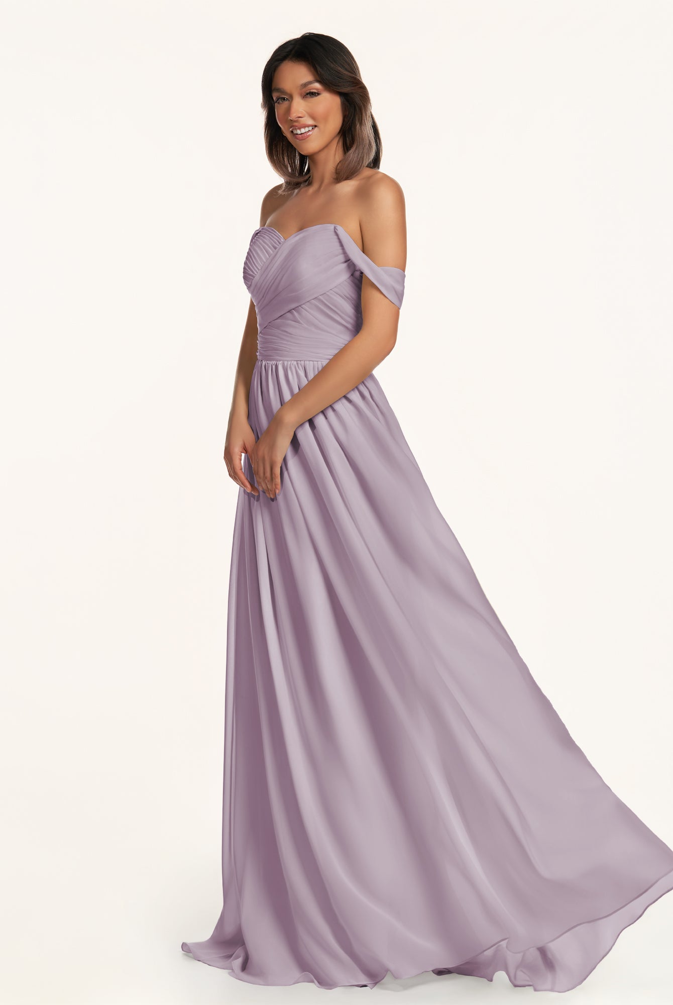 KissDress-Lia Dusk A Line Chiffon Off the Shoulder Long Bridesmaid Dress with Pleats