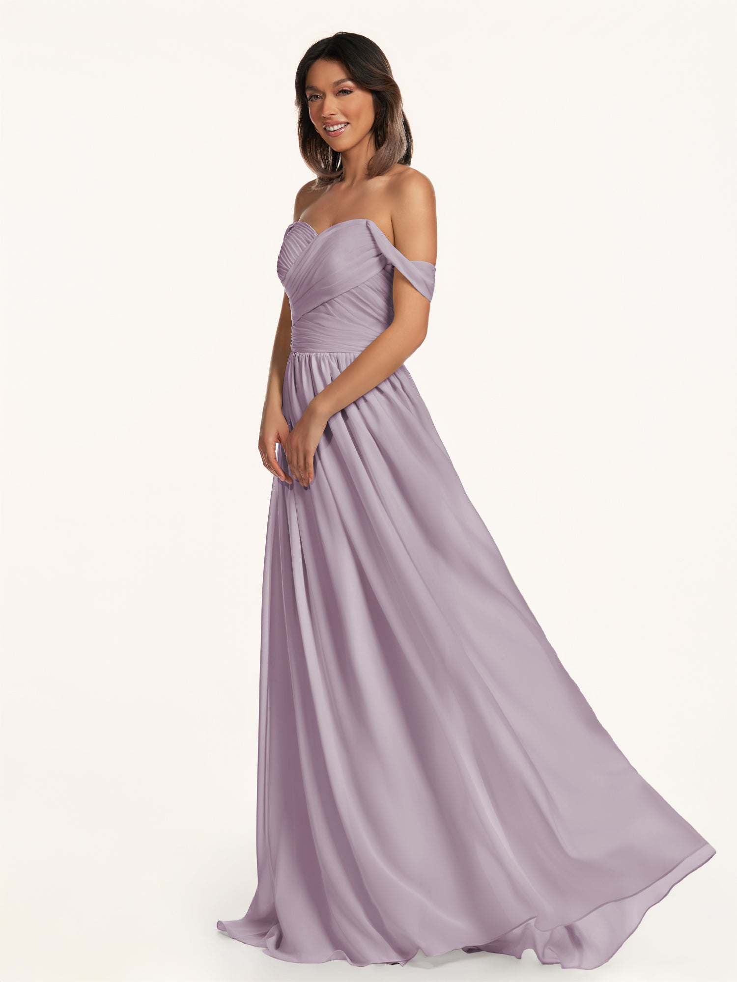 KissDress-Lia Dusk A Line Chiffon Off the Shoulder Long Bridesmaid Dress with Pleats