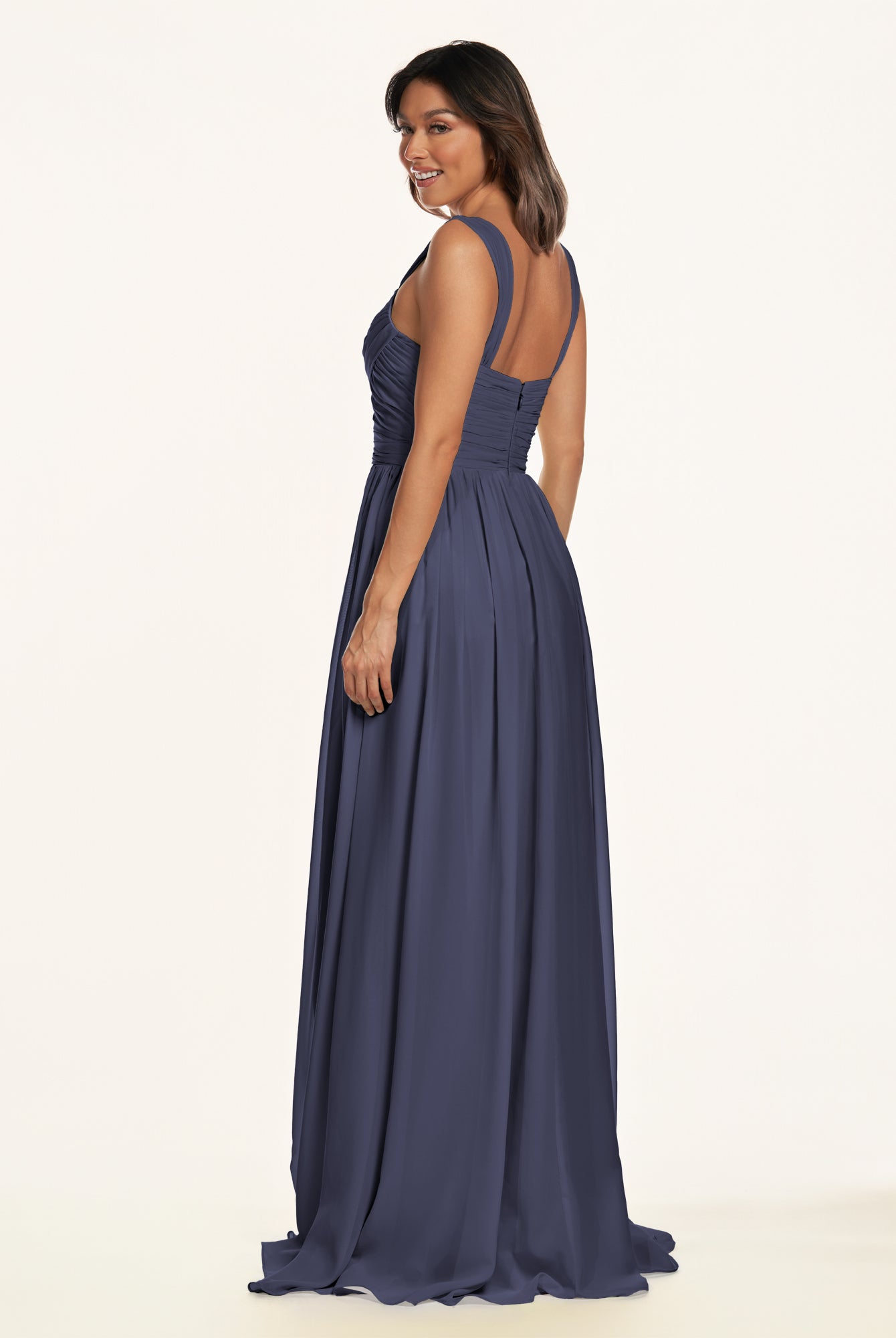 KissDress-Lia Dusk Blue A Line Chiffon Off the Shoulder Long Bridesmaid Dress with Pleats