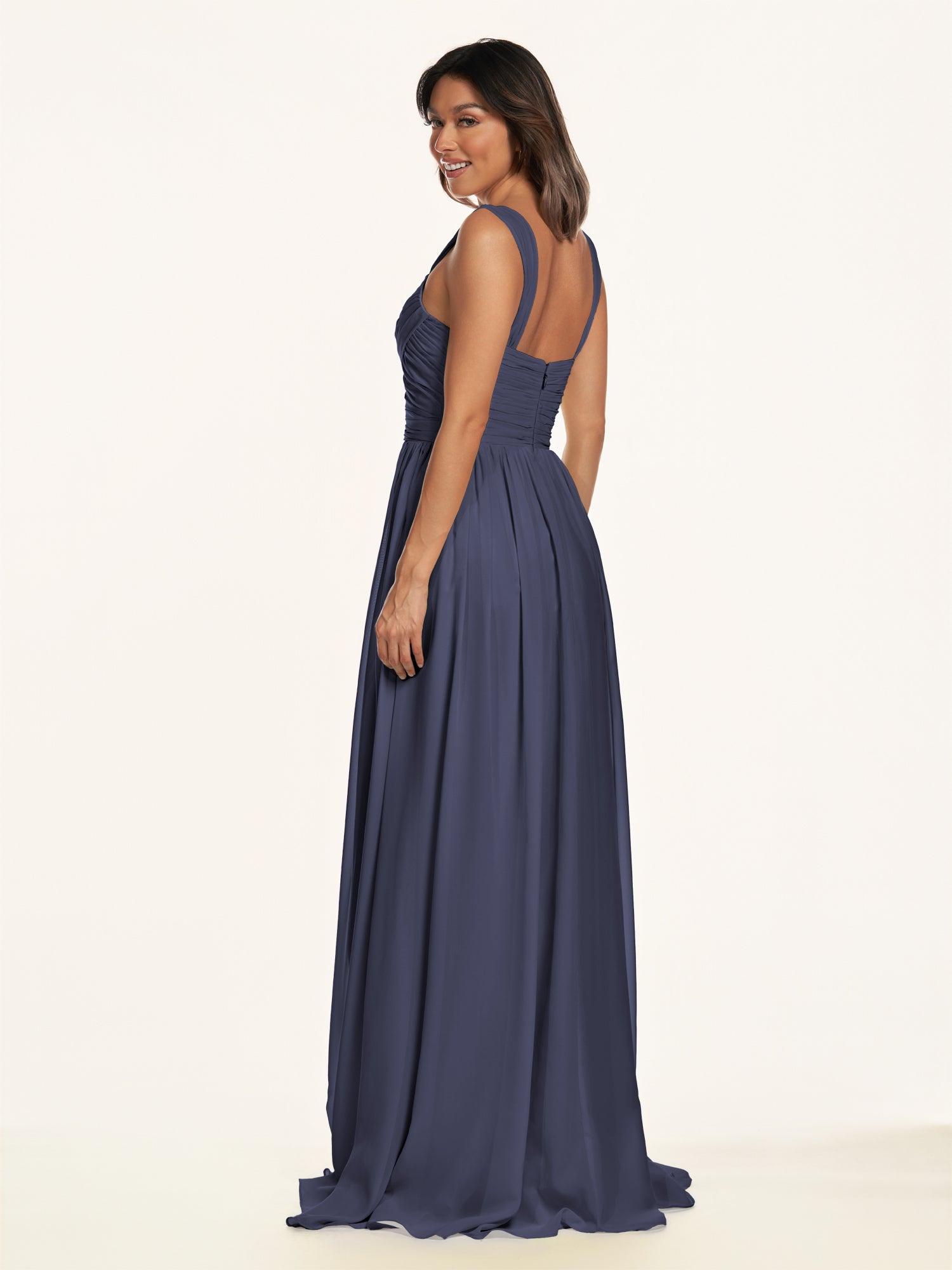 KissDress-Lia Dusk Blue A Line Chiffon Off the Shoulder Long Bridesmaid Dress with Pleats