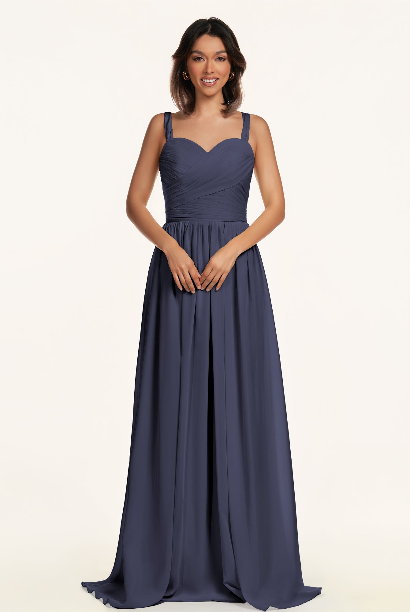 KissDress-Lia Dusk Blue A Line Chiffon Off the Shoulder Long Bridesmaid Dress with Pleats