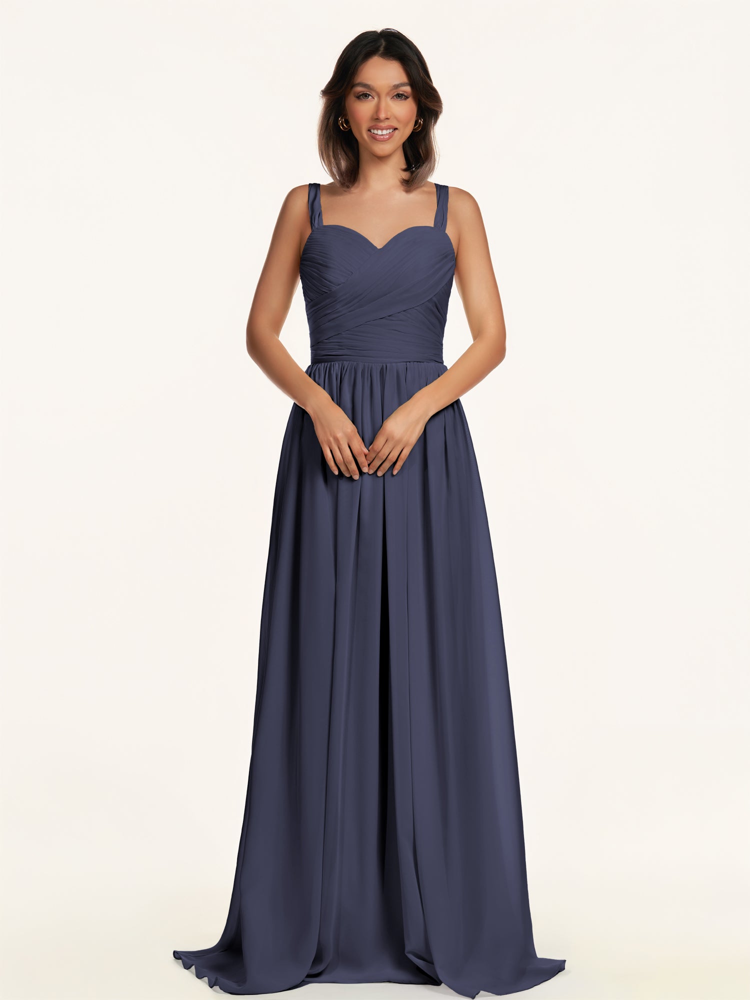 KissDress-Lia Dusk Blue A Line Chiffon Off the Shoulder Long Bridesmaid Dress with Pleats