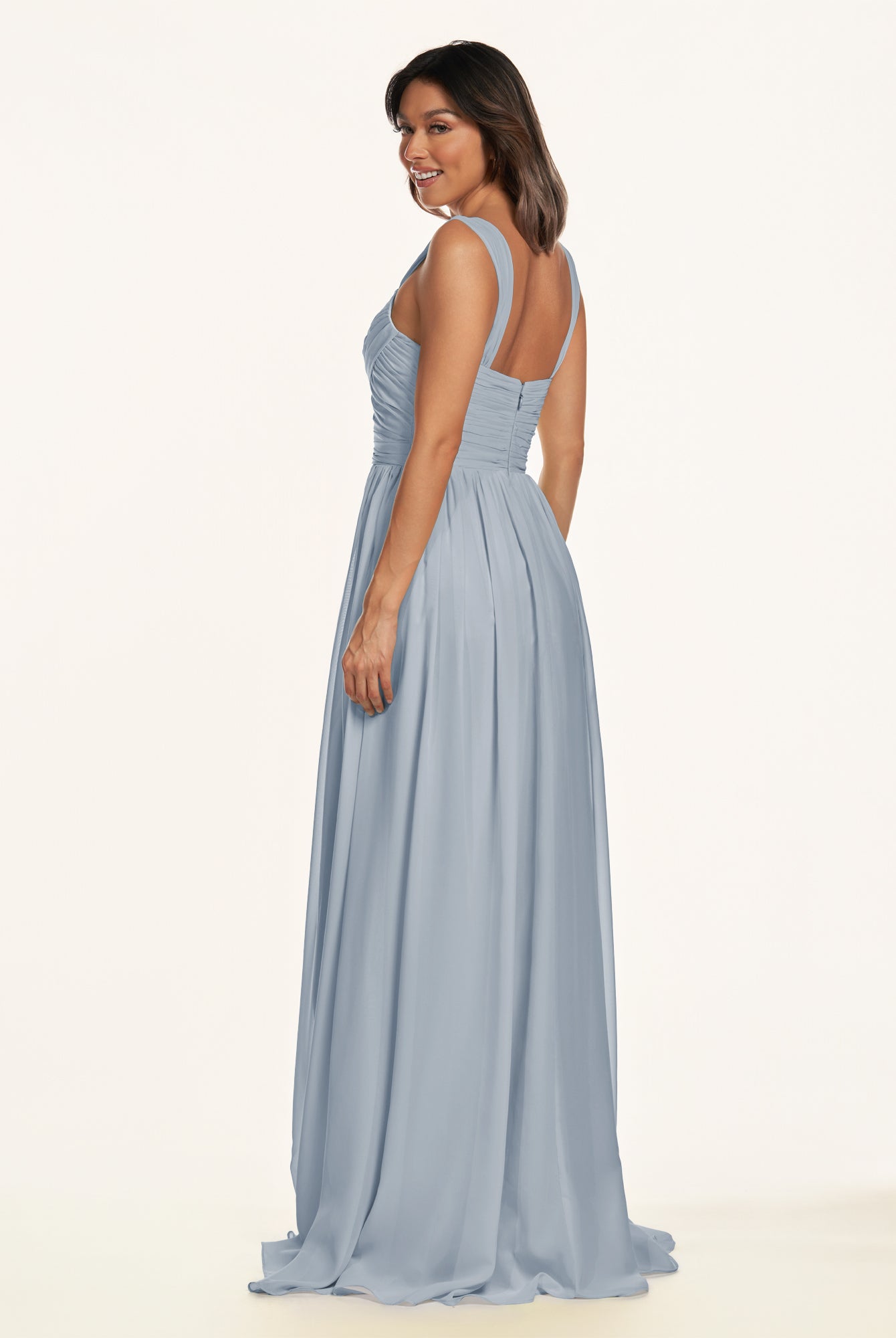 KissDress-Lia Dusty Blue A Line Chiffon Off the Shoulder Long Bridesmaid Dress with Pleats