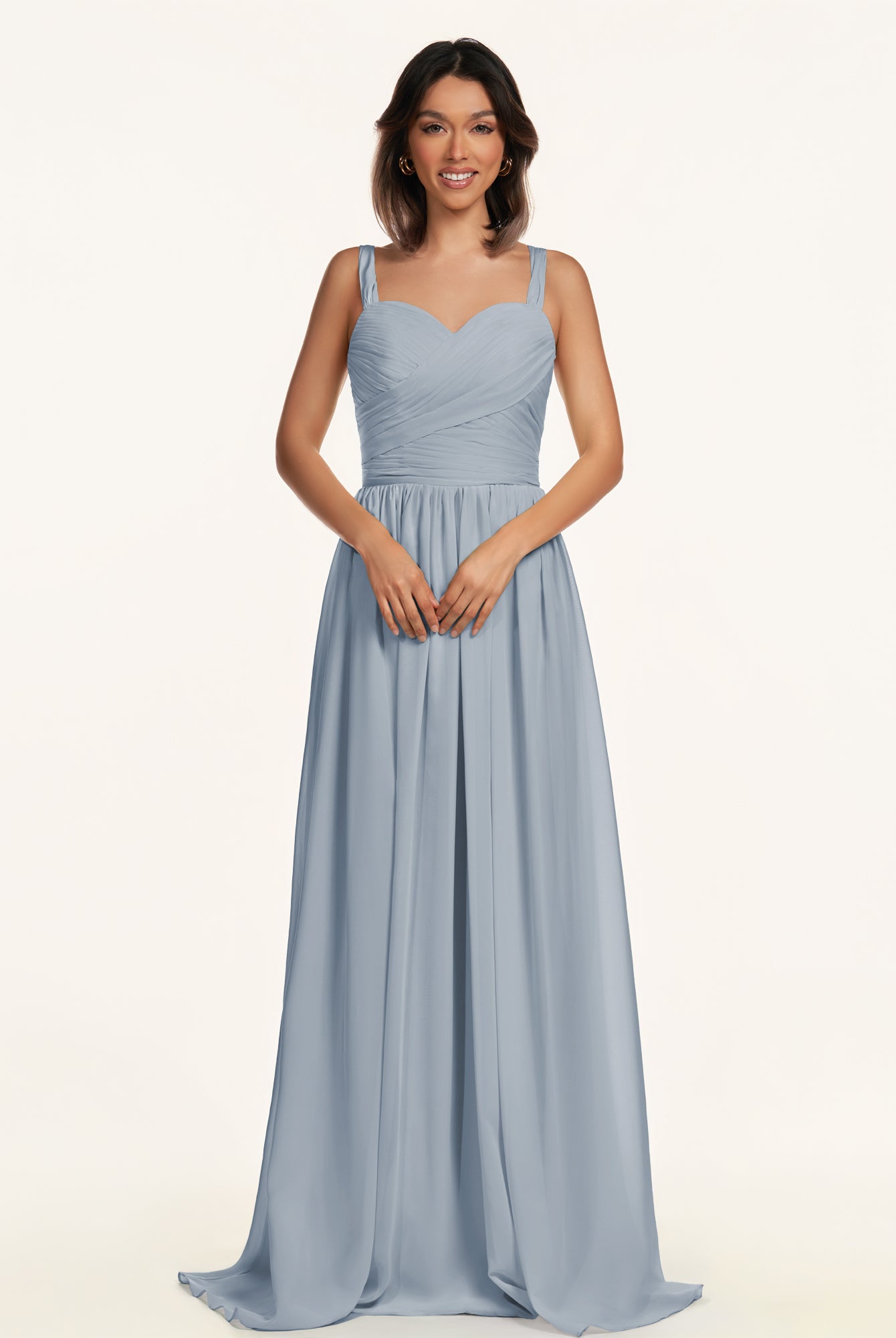 KissDress-Lia Dusty Blue A Line Chiffon Off the Shoulder Long Bridesmaid Dress with Pleats