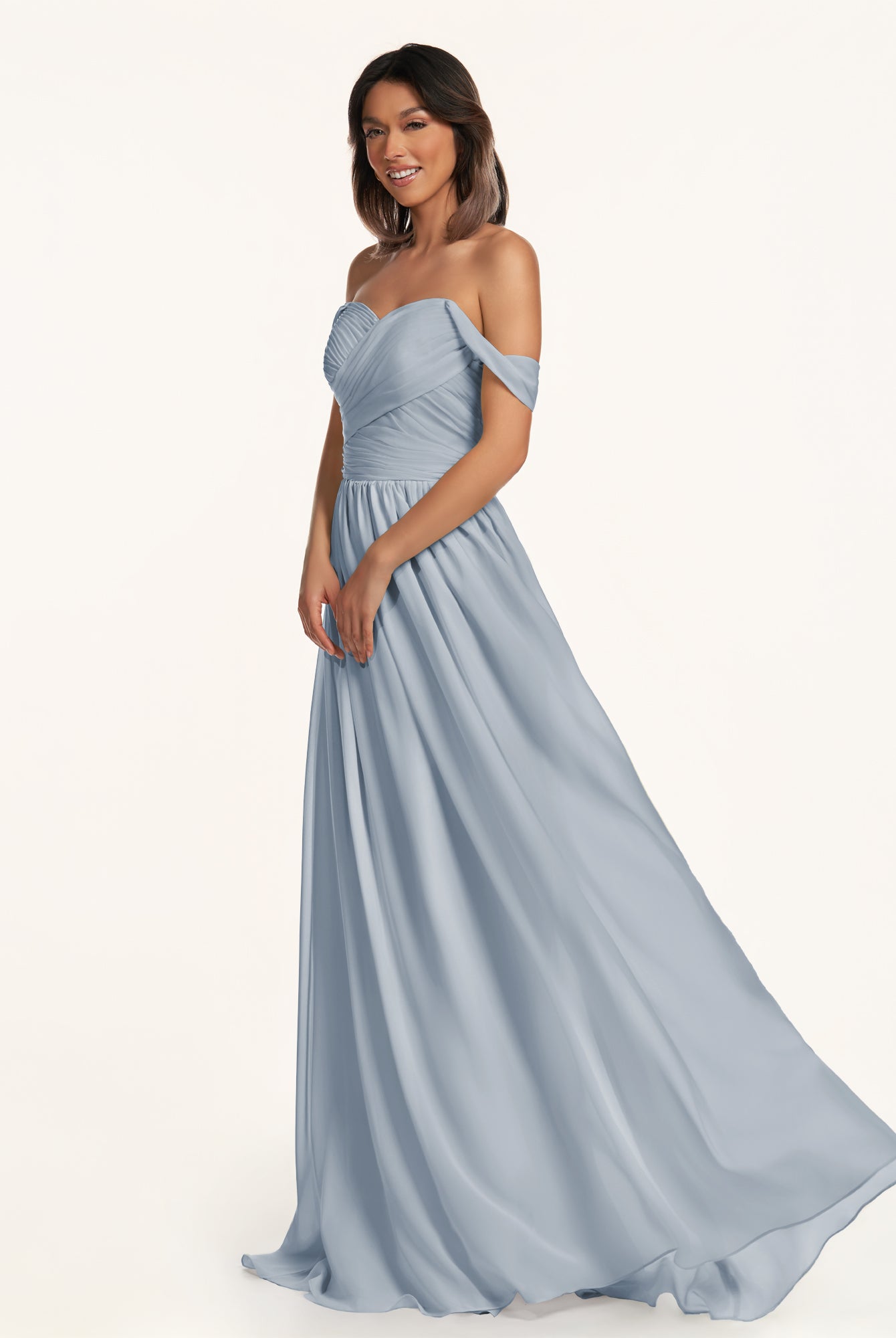KissDress-Lia Dusty Blue A Line Chiffon Off the Shoulder Long Bridesmaid Dress with Pleats