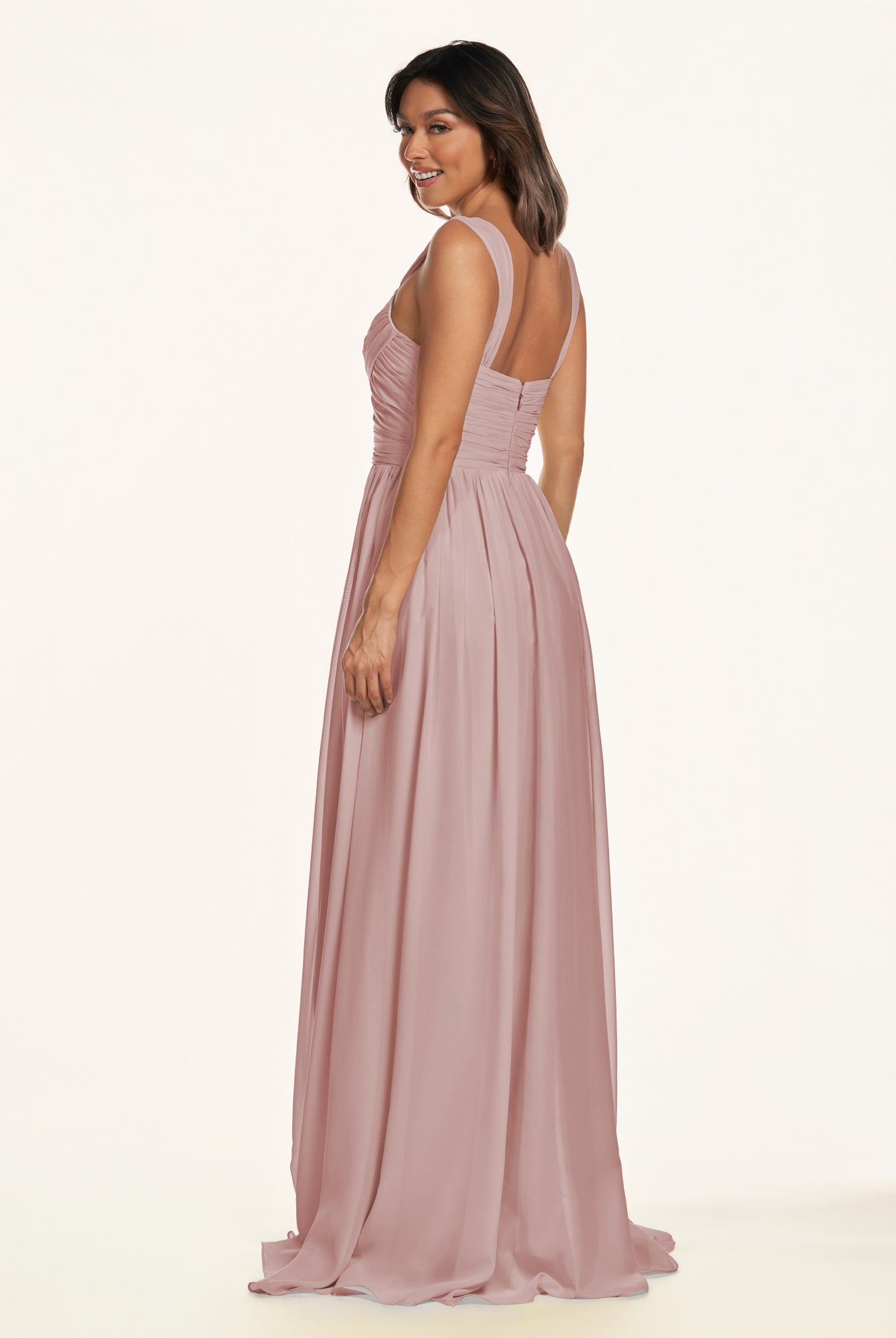 KissDress-Lia Dusty Rose A Line Chiffon Off the Shoulder Long Bridesmaid Dress with Pleats