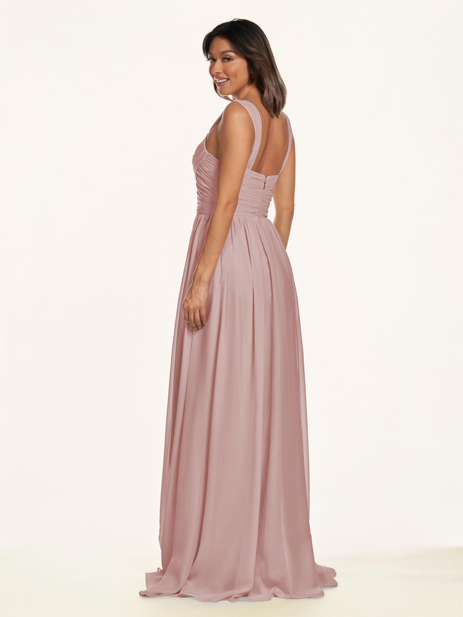 KissDress-Lia Dusty Rose A Line Chiffon Off the Shoulder Long Bridesmaid Dress with Pleats