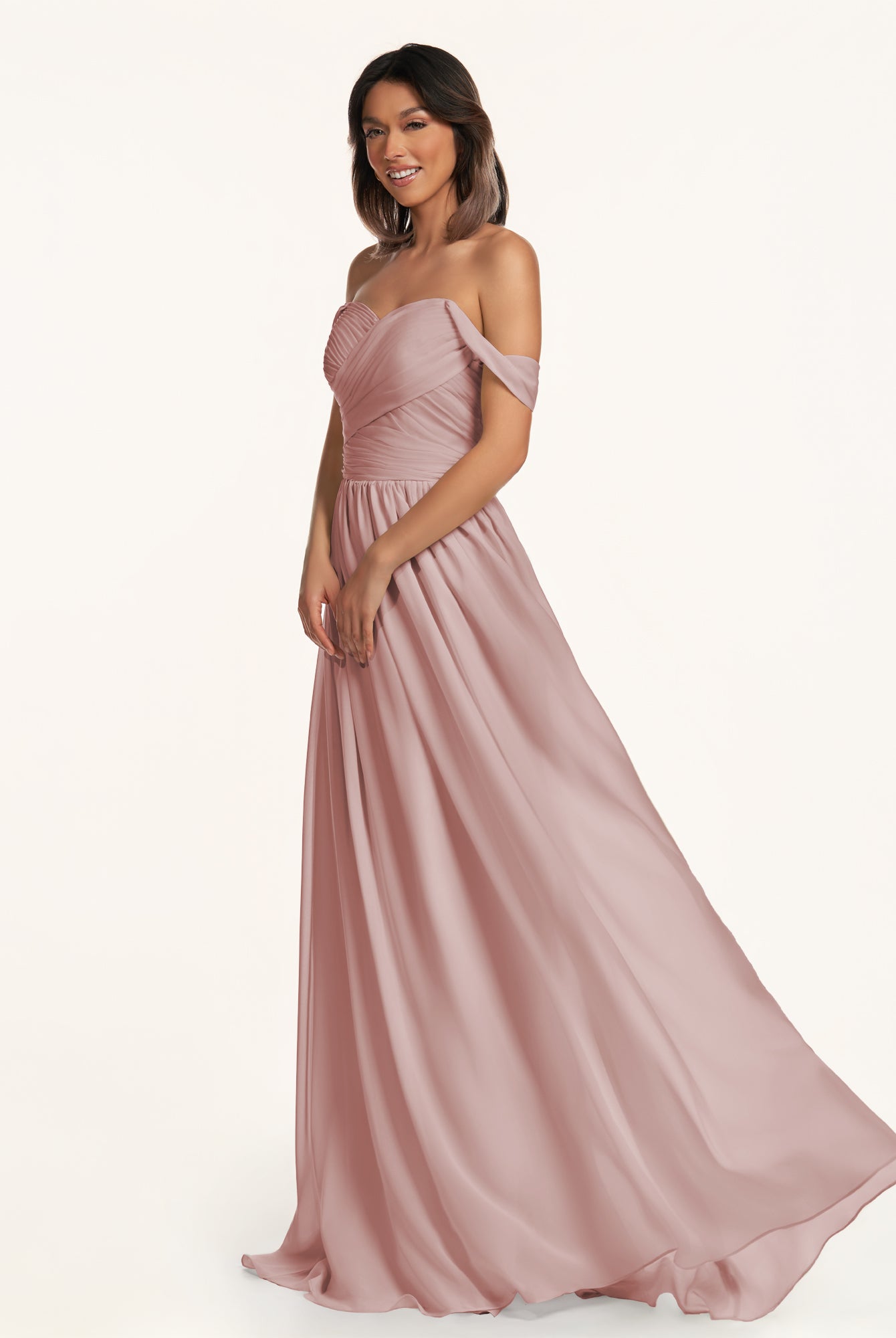 KissDress-Lia Dusty Rose A Line Chiffon Off the Shoulder Long Bridesmaid Dress with Pleats